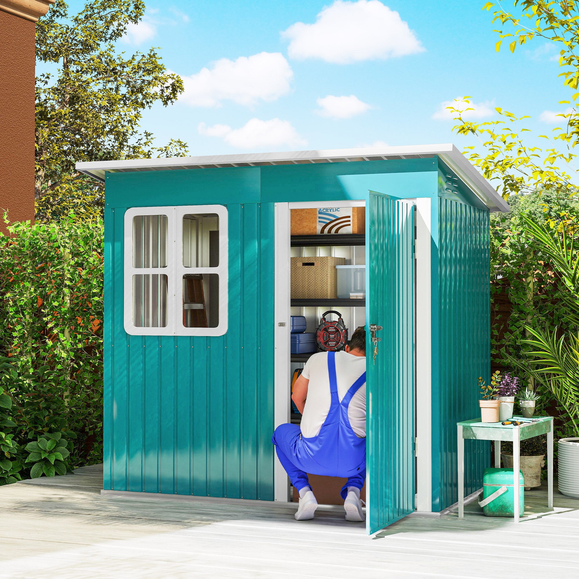 Outsunny 7 x 4ft Galvanised Steel Garden Shed, with Lock and Gloves - Green