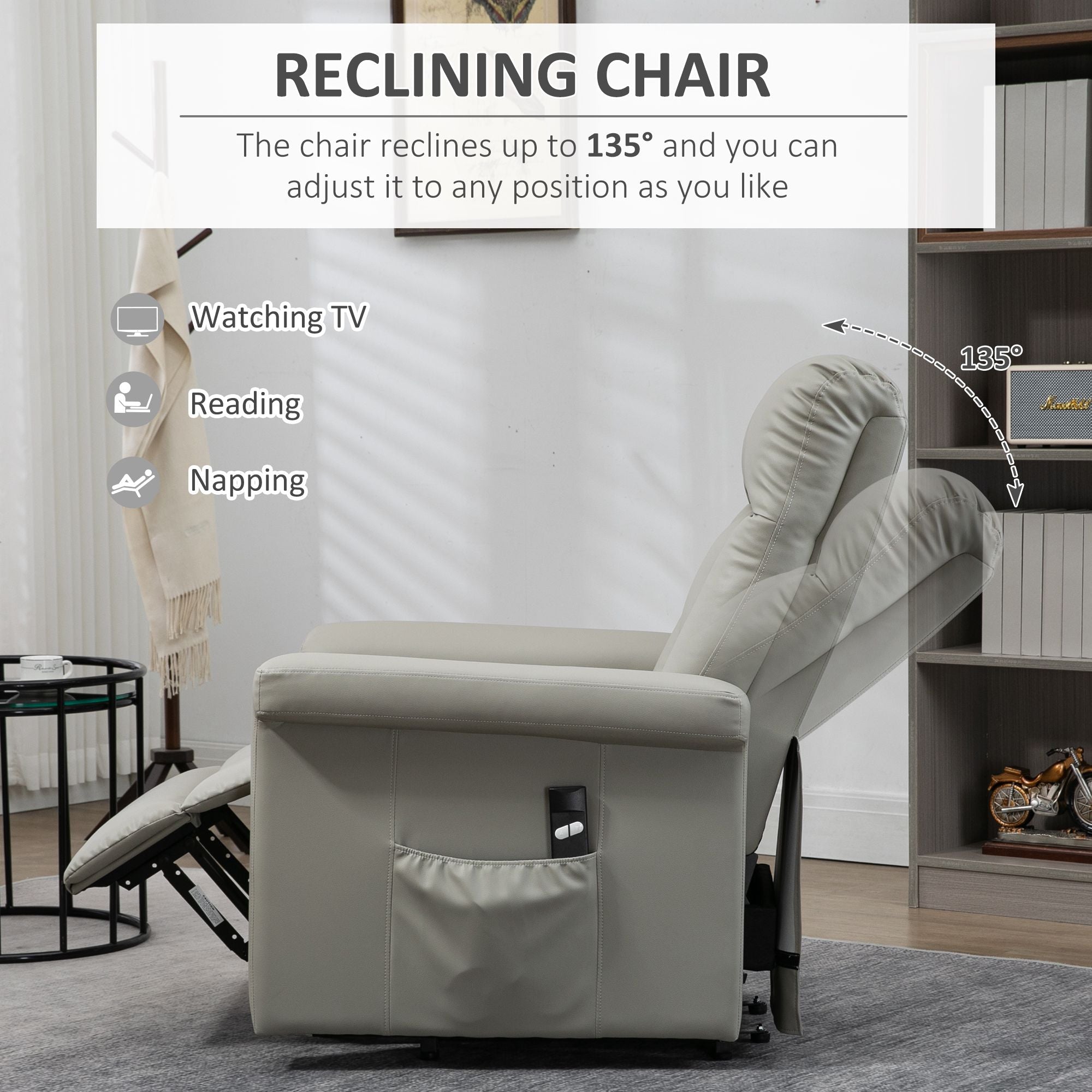 HOMCOM Power Lift Chair Armchair for the Elderly, PU Leather Recliner Chair with Extended Footrest, Remote Control and Side Pocket, Grey