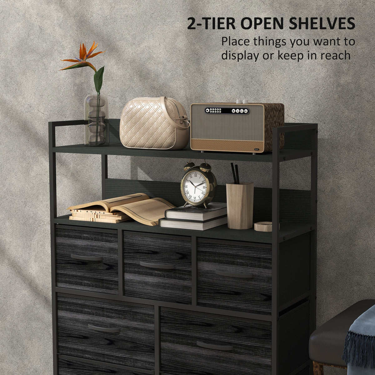 HOMCOM Rustic Chest of Seven Fabric Drawers - Black