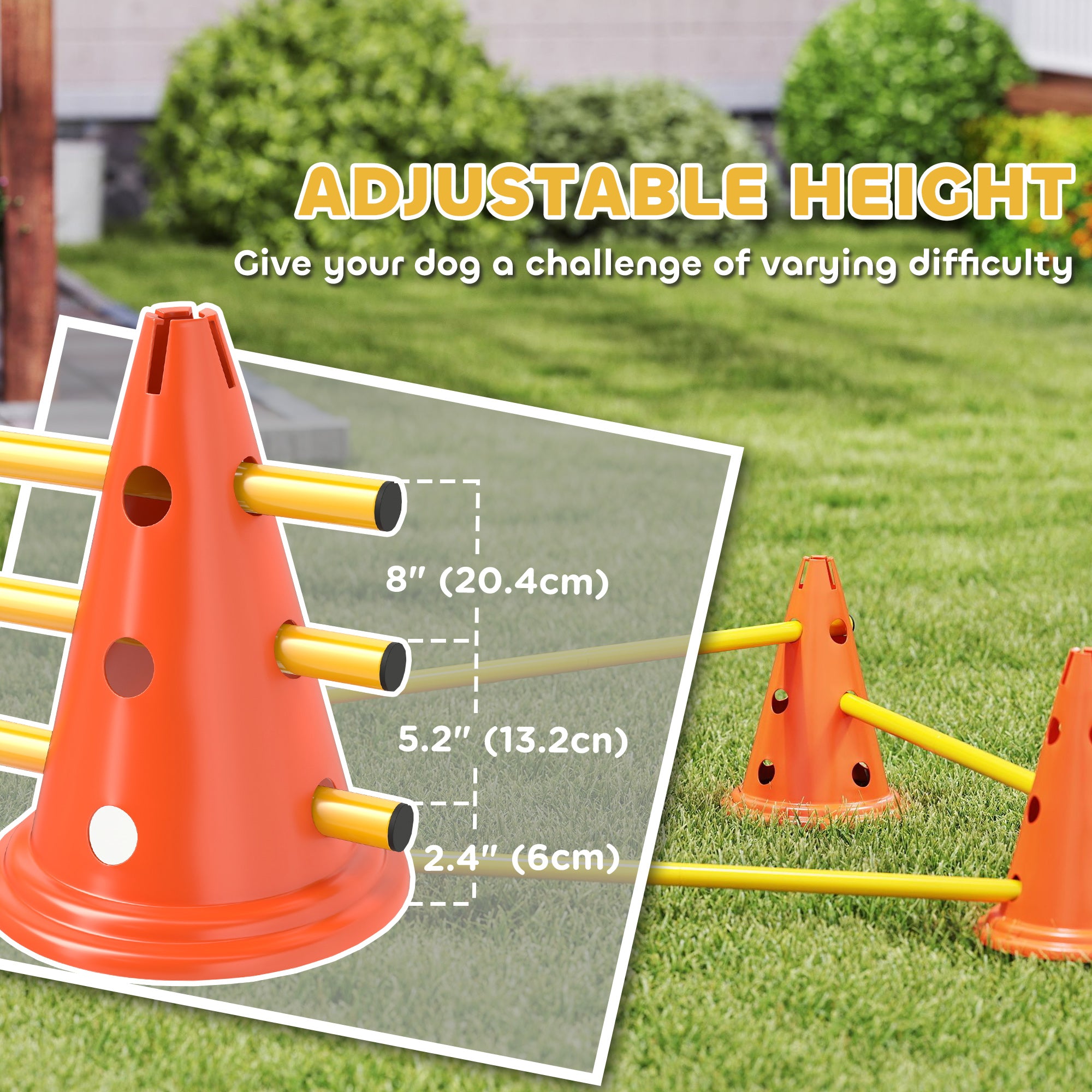 PawHut Dog Agility Equipment Set of Six Cones, Six Poles with Carry Bag, Three-Piece Adjustable Height Jumping Obstacles Orange