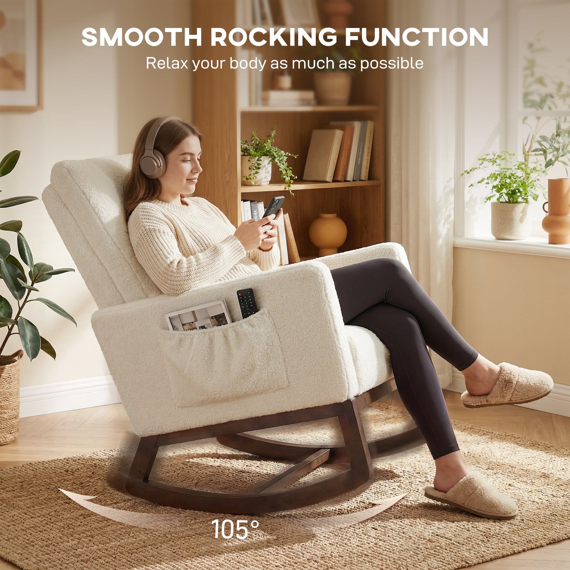 HOMCOM Rocking Chair for Adults, Lounge Rocker Chair with Lumbar Pillow, High Back, Wood Base, Side Pockets, Cream White