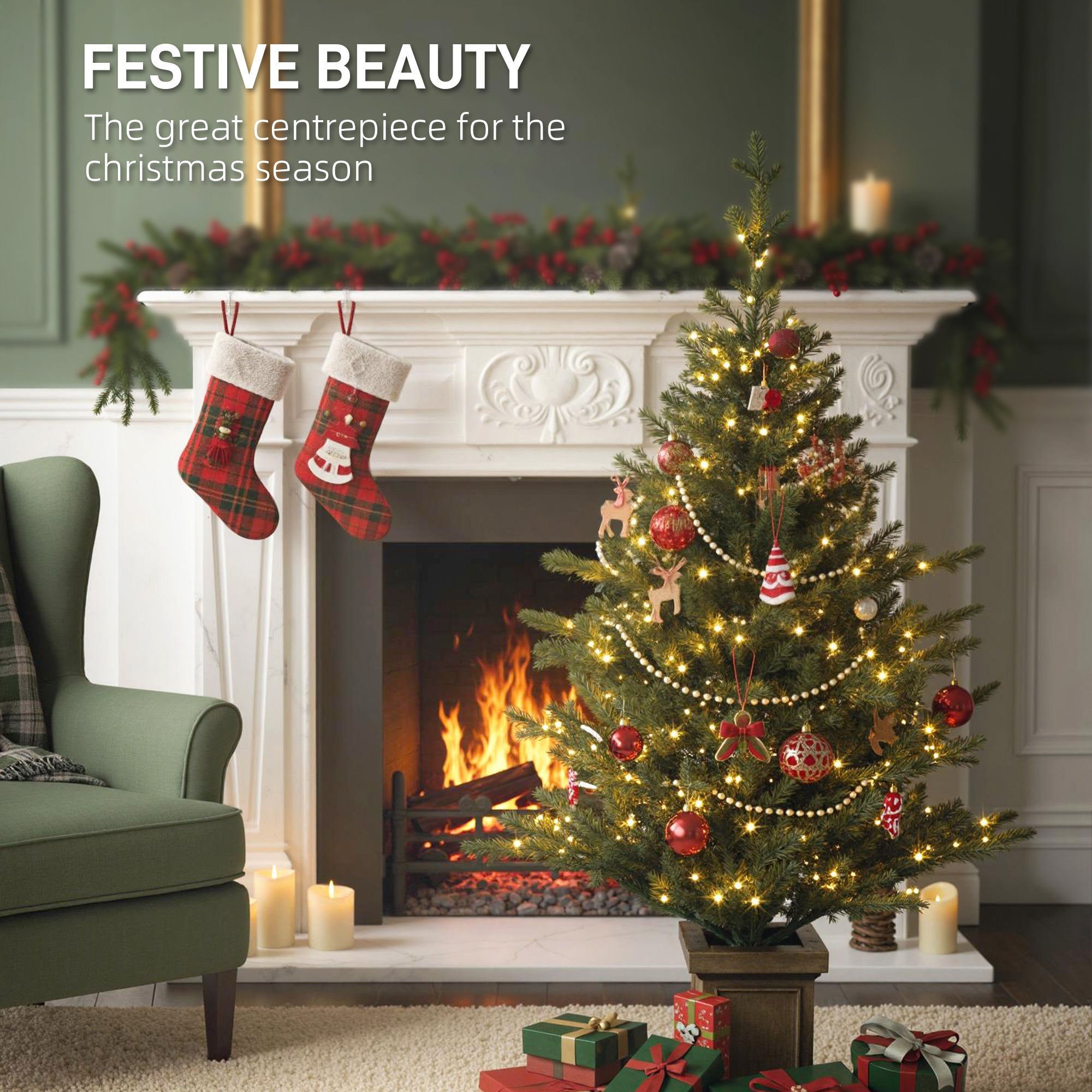 HOMCOM Set of Two Artificial 4ft Christmas Trees, with Lights - Green