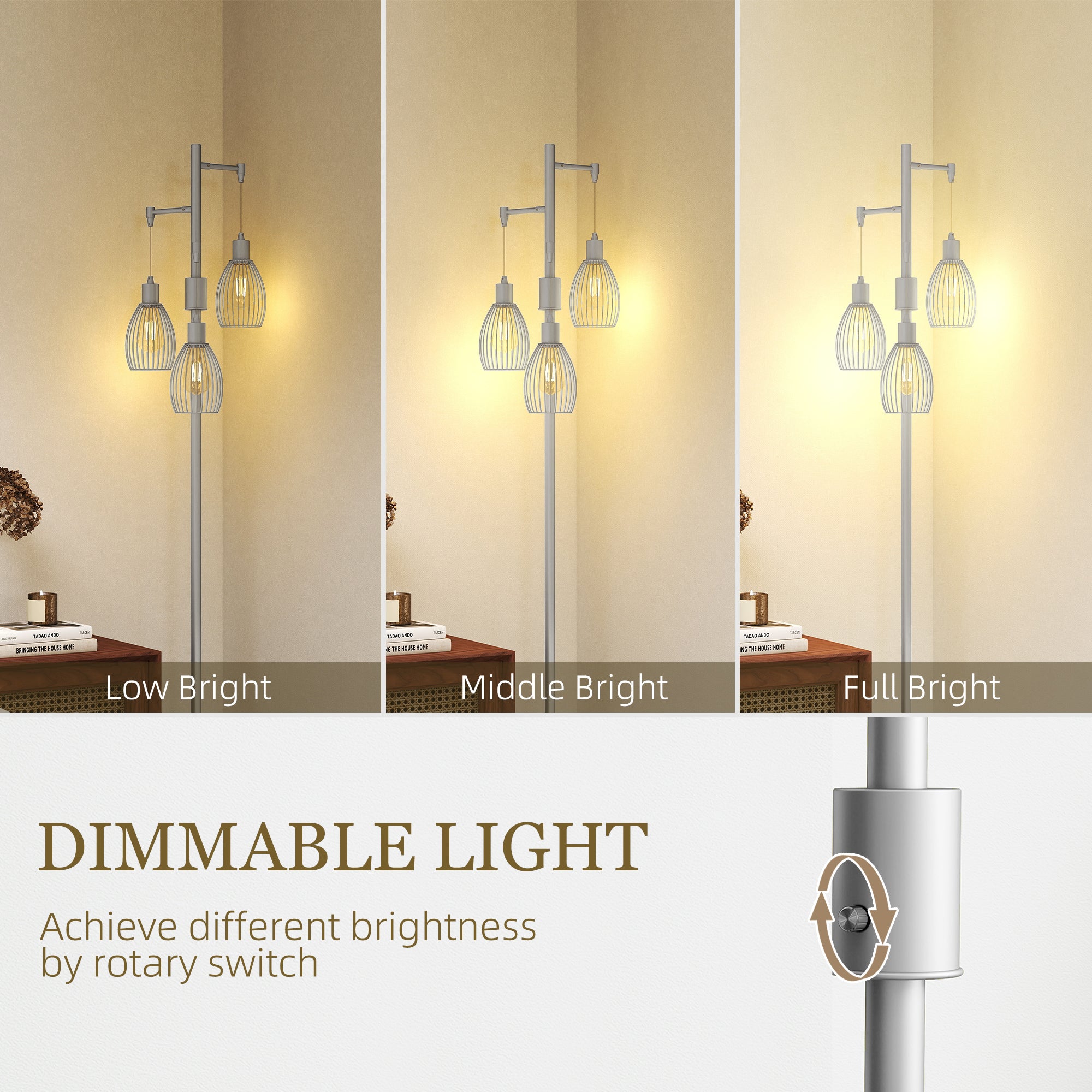 HOMCOM 3-Light Floor Lamp, 170cm Industrial Dimmable Standing Lamp with Steel Wire Cage Lampshades for Living Room, Bedroom, Dining Room, Study, Silver Tone