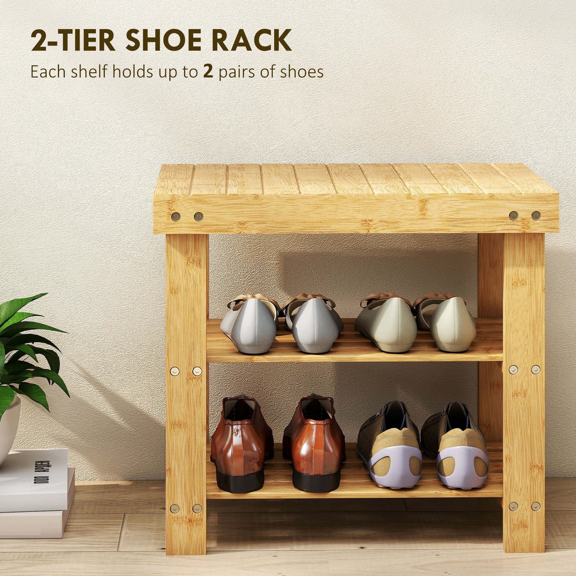 HOMCOM Two Shelf Bamboo Shoe Storage Bench - Natural Finish