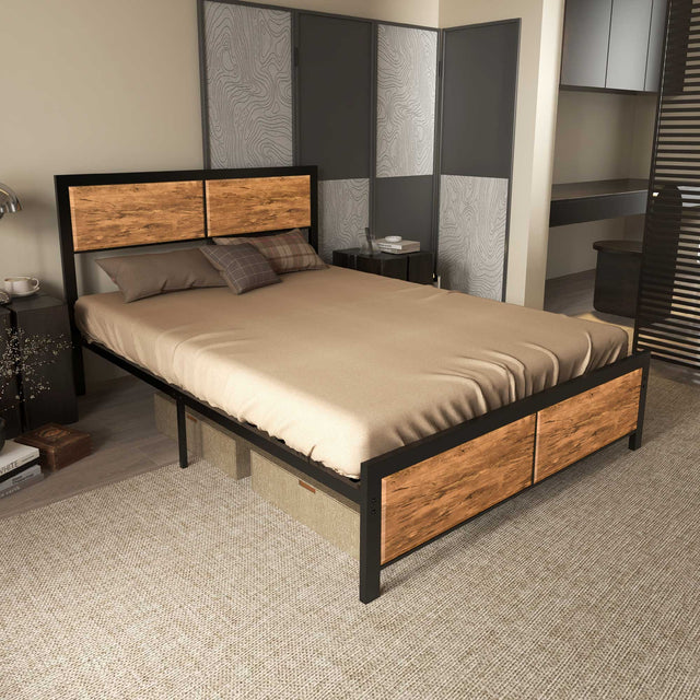 HOMCOM Industrial Double Bed Frame, 5FT Steel Bed Base with Headboard, Footboard, Slatted Support and Under Bed Storage, 142 x 195cm, Rustic Brown