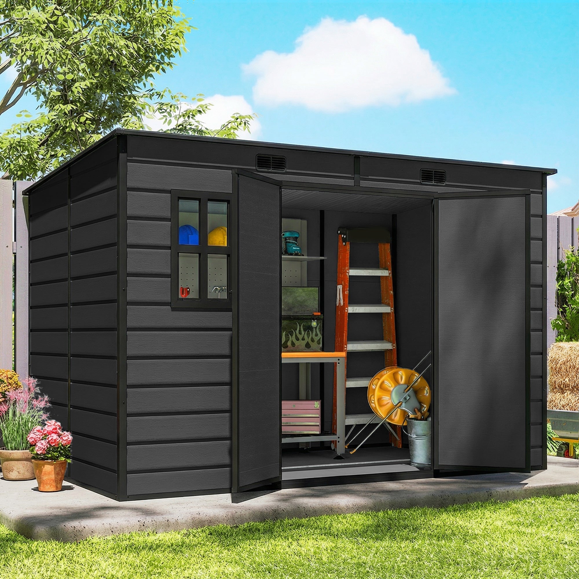 Outsunny 10 x 6 ft Resin Garden Shed, Outdoor Storage Shed with Floor, Windows, Lockable Doors and Vents, Dark Grey