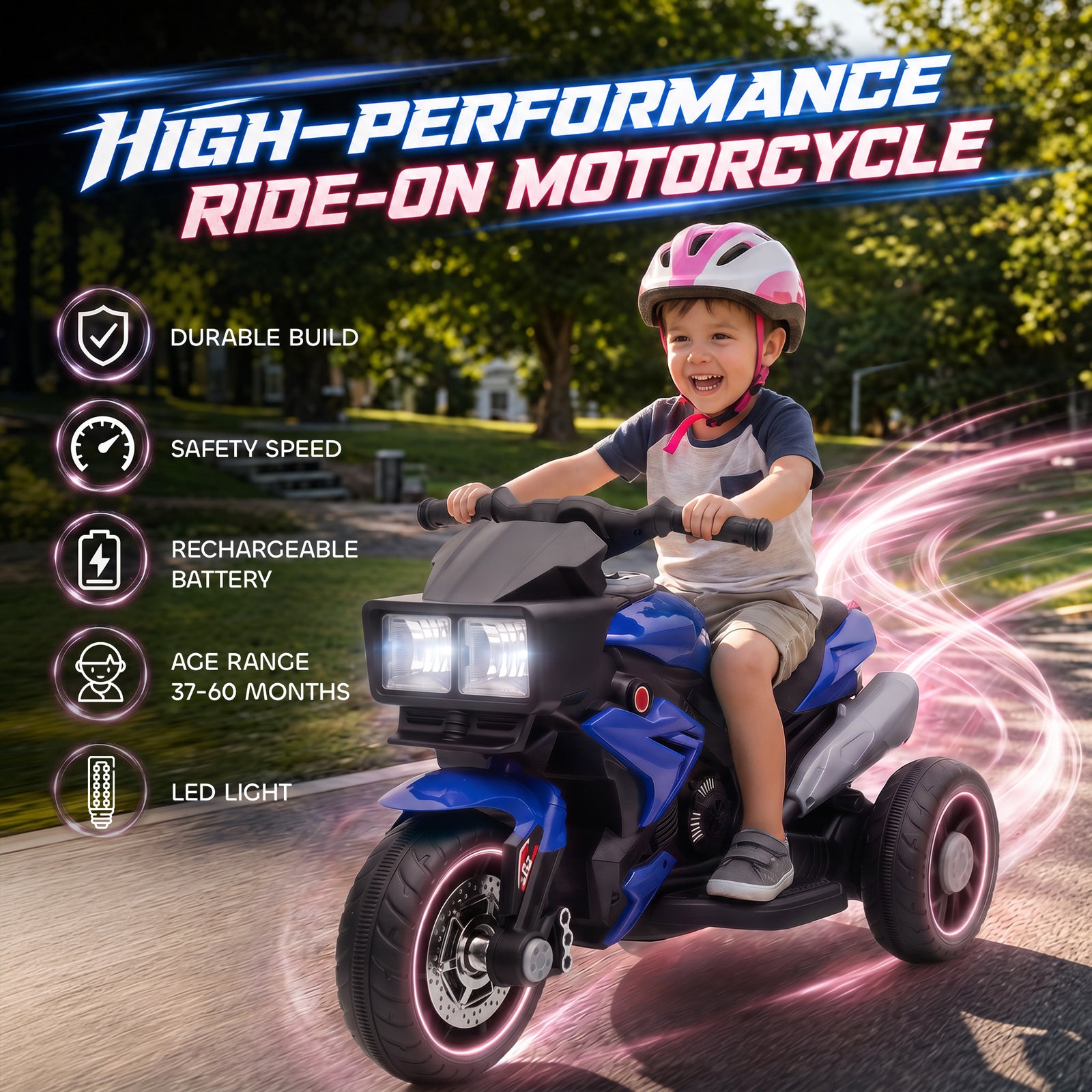 AIYAPLAY Kids Electric Motorcycle Ride-On Toy, 3-Wheel Battery-Operated Motorbike with Horn, Toddler Ride On Bike, Blue