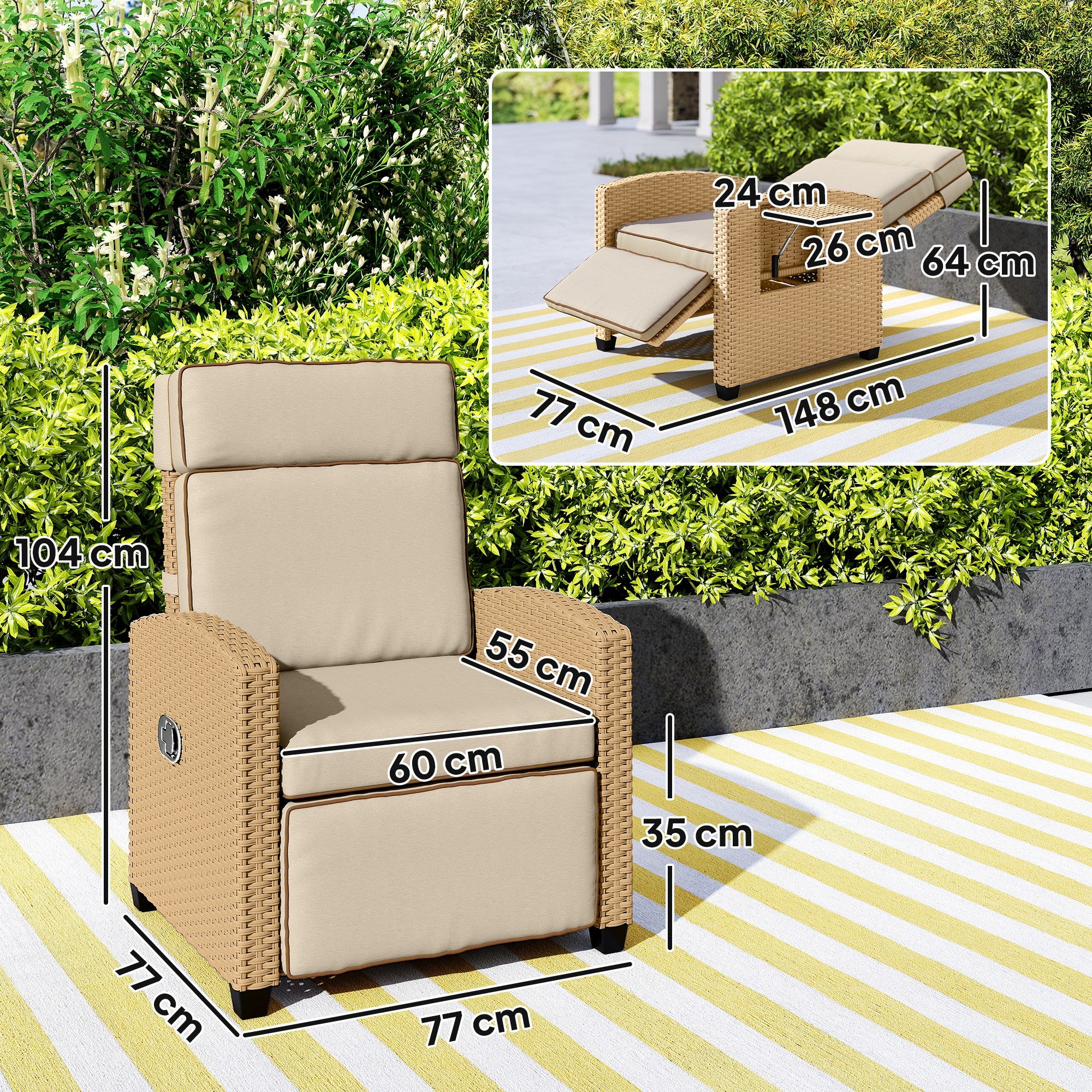 Outsunny 145√Ç¬∞ Reclining Rattan Armchair, with Footrest - Khaki/Beige