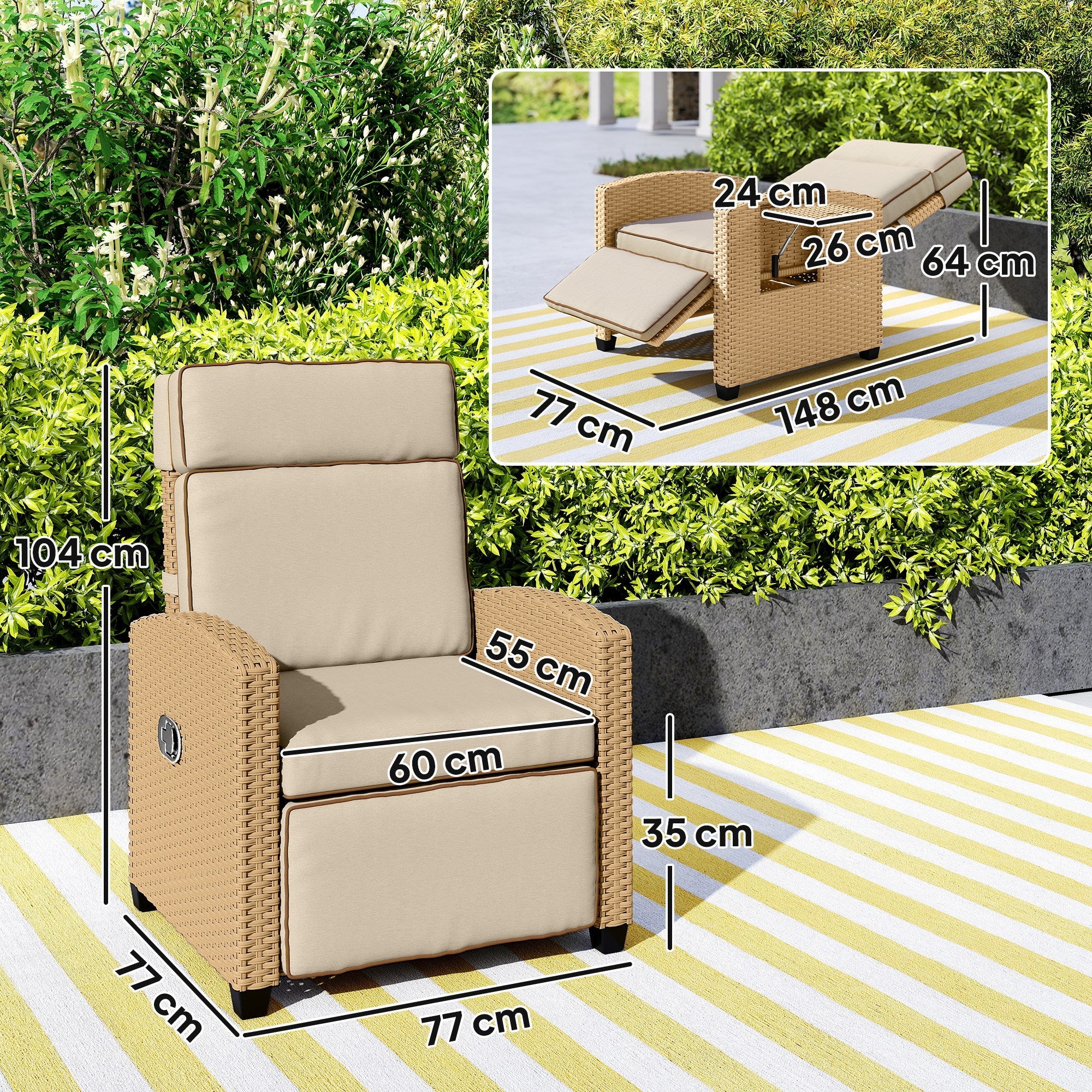 Outsunny 145Â° Reclining Rattan Armchair, with Footrest - Khaki/Beige