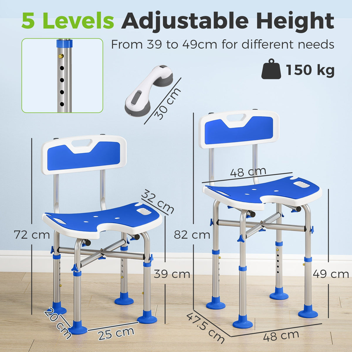 HOMCOM Shower Chair with U-Shaped Cutout, Height Adjustable Bath Bench, Padded Shower Stool for Elderly, Senior, Disabled, Blue