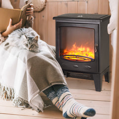 HOMCOM Tempered Glass Casing Electric Fireplace, Freestanding Electric Fire with Realistic Flame Effect, Log Burner with Overheat Protection, 1000w/ 2000W, Black