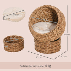 PawHut Woven Banana Leaf Elevated Cat Bed Wicker Kitten Basket Pet Den, House Cosy Cave with Soft Cushion Dome 50x42x60cm Brown