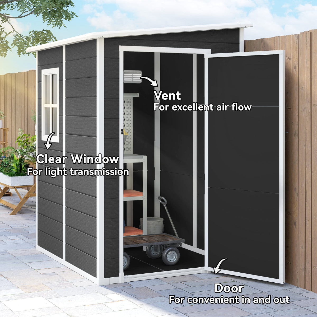 Outsunny 4'x5' Garden Storage Shed, Lean to Shed, Lockable Garden Shed with Window, Vent and Plastic Roof, Black