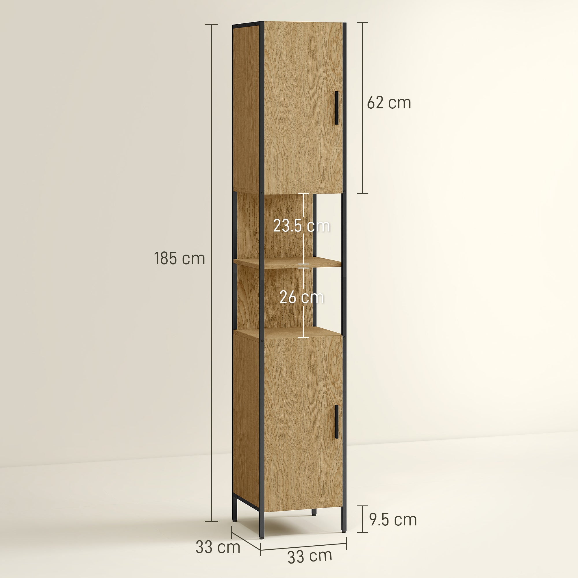 HOMCOM Tall Bathroom Cabinet with 2 Doors, Open Compartments and Adjustable Shelves - Natural Wood Finish