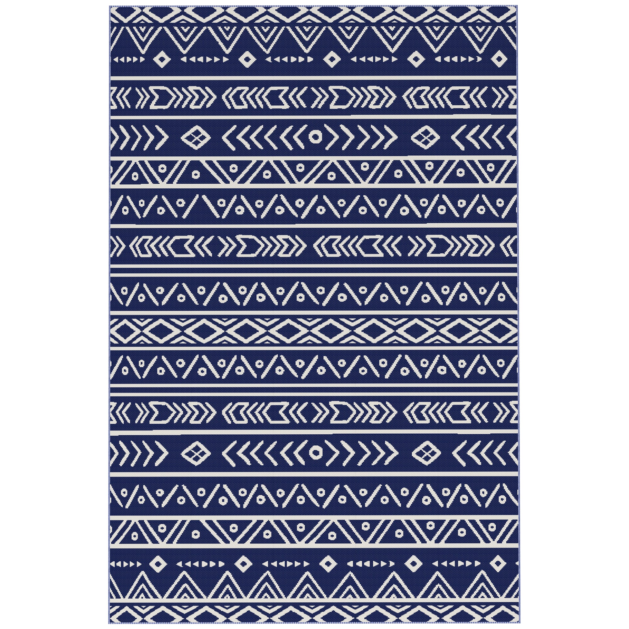 Outsunny Reversible Outdoor Rug with Carry Bag, Waterproof Plastic Straw Mat for Garden, Deck, RV, Picnic, Beach, Camping, 182 x 274cm, Dark Blue and White