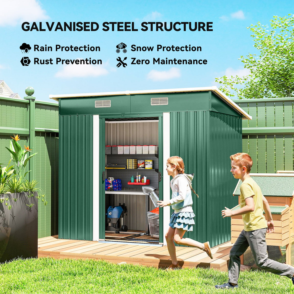 Outsunny 7 x 4ft Outdoor Storage Shed with Foundation Kit, Lean to Metal Garden Shed for Log, Rubbish Bin, Tool, Bike, Green