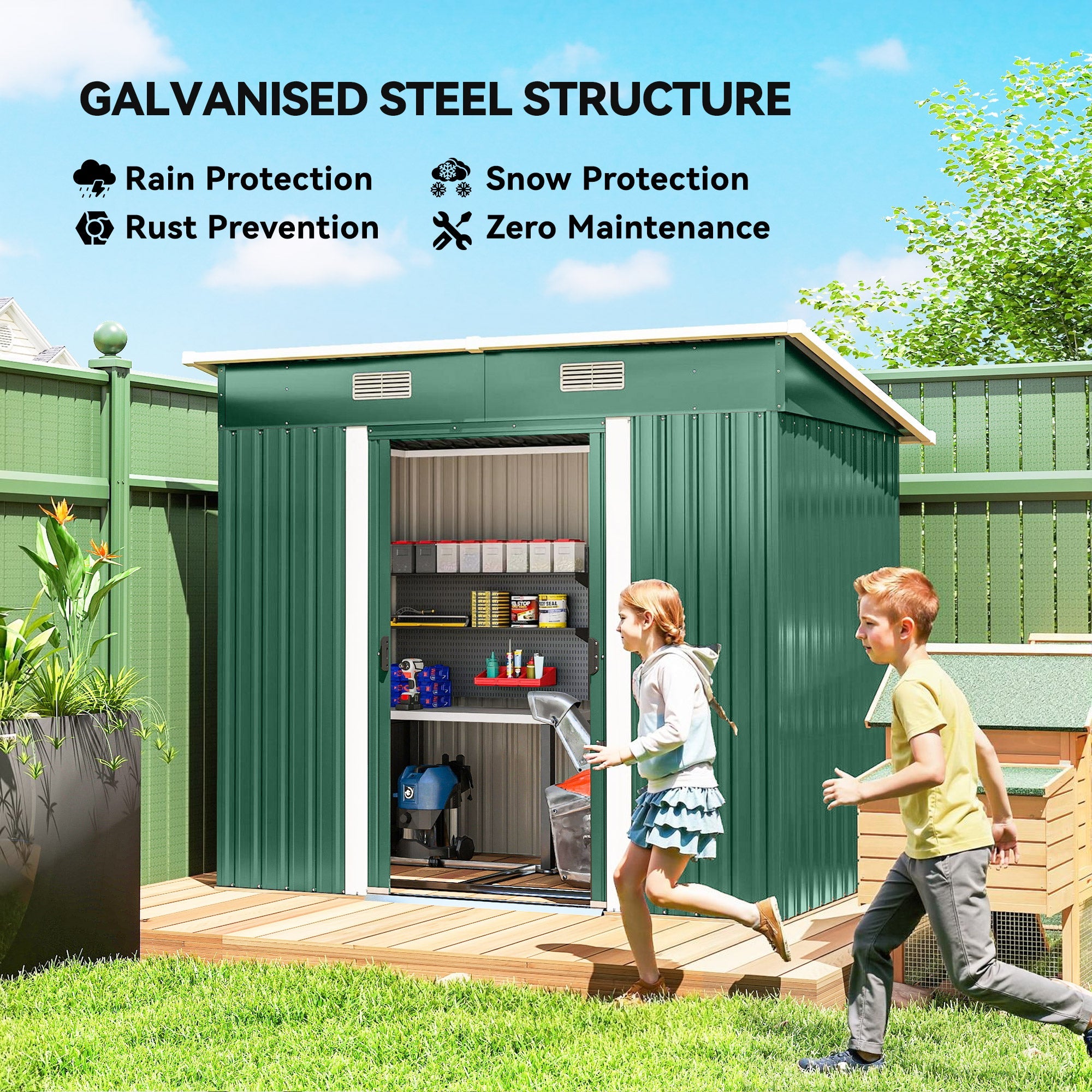 Outsunny 7 x 4ft Outdoor Storage Shed with Foundation Kit, Lean to Metal Garden Shed for Log, Rubbish Bin, Tool, Bike, Green
