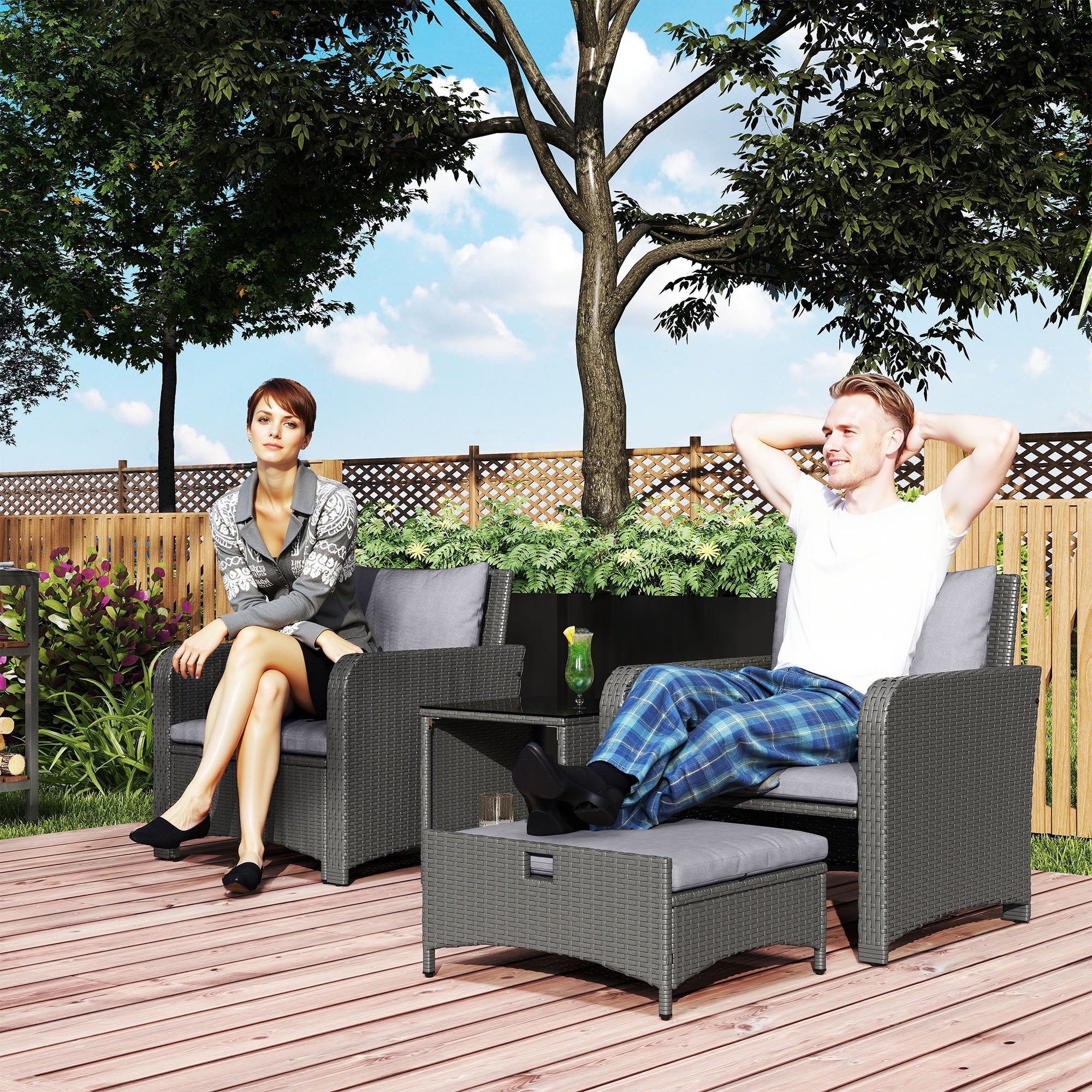 Outsunny Five Piece Rattan Garden Furniture Set with 2-Tier Coffee Table and Ottomans - Grey