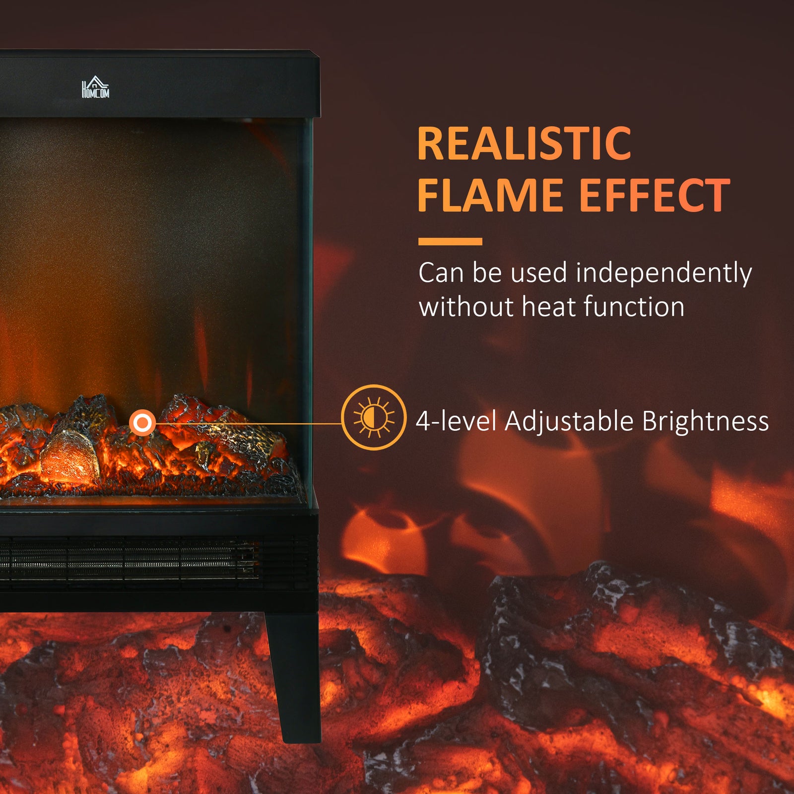 HOMCOM 180° Charming Electric Fireplace Heater, Quiet Freestanding Stove with LED Flame Effect, 3-Sided Tempered Glass Panels, Level-less Temperature Control, Overheat Protection, 1000W/2000W, Black
