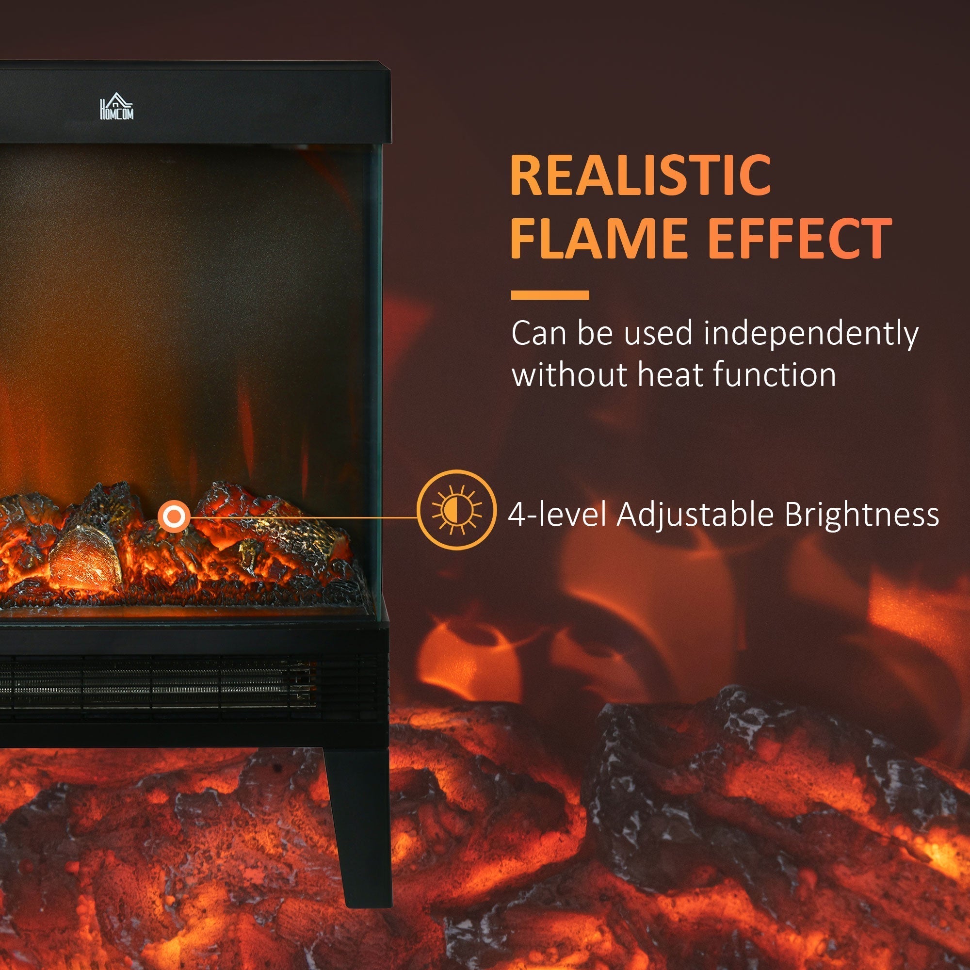 HOMCOM 180 Charming Electric Fireplace Heater, Quiet Freestanding Stove with LED Flame Effect, Level-less Temperature Control, Overheating Protection, 1000W/2000W, Black