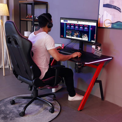 LED Ergonomic Gaming Desk Computer Table,  Cable Management, Red