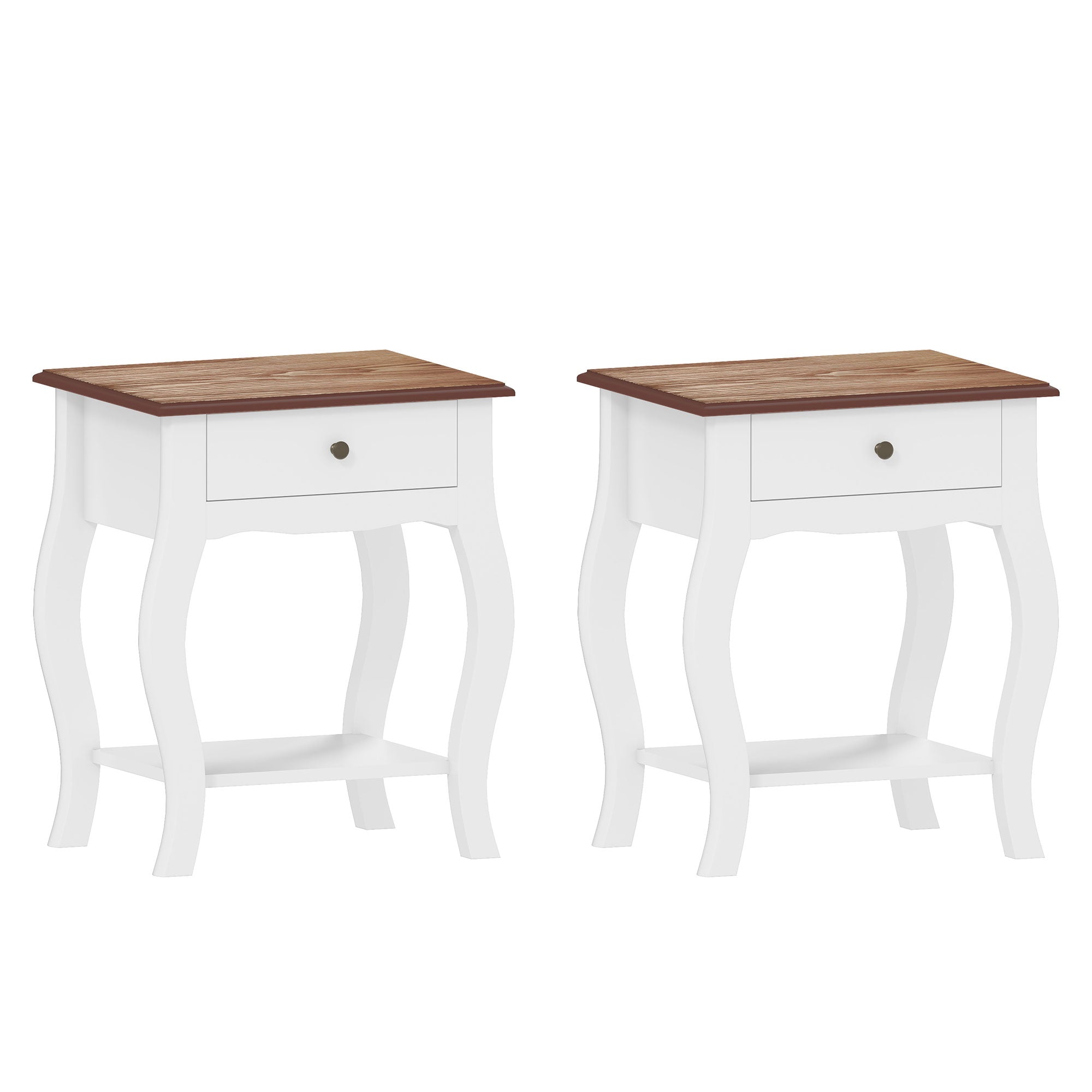 HOMCOM 2pcs Bedside Tables with Drawer, French Style Bedside Cabinets with Open Shelf for Bedroom, Living Room, White