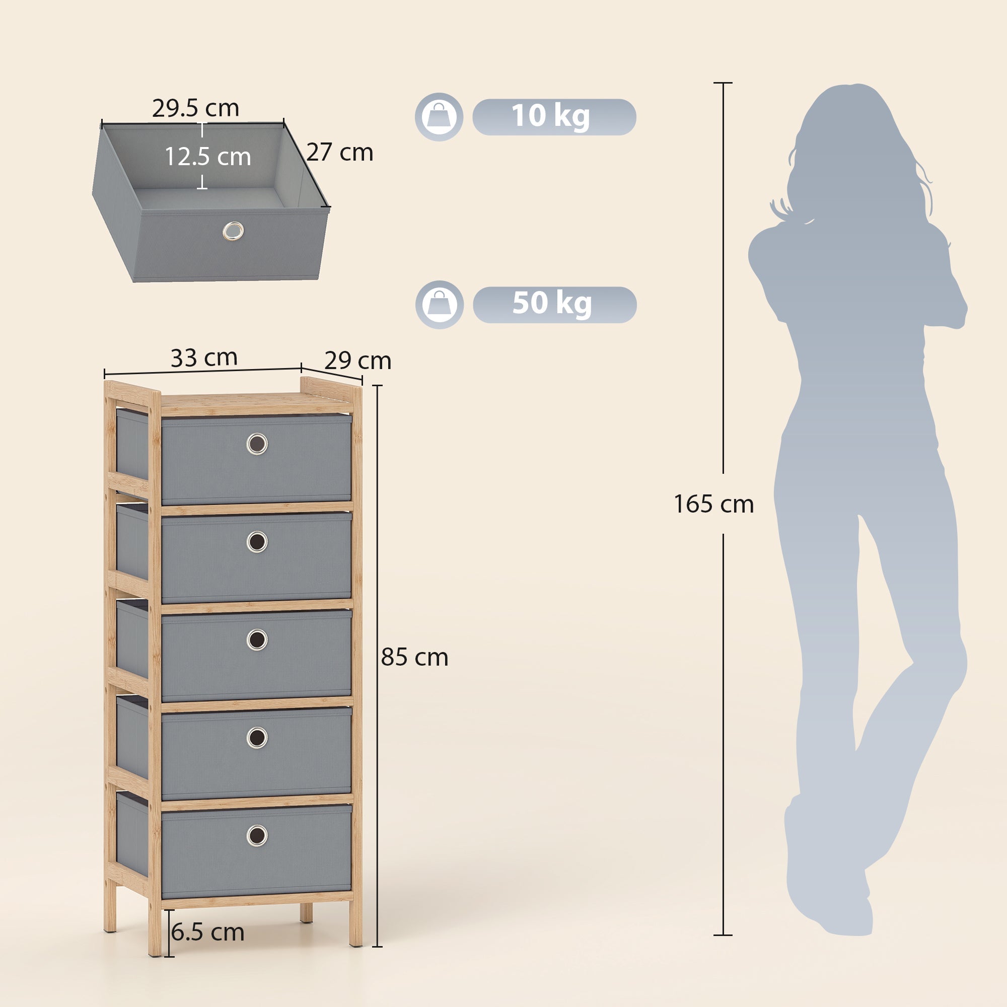 HOMCOM Chest of Drawers, 5 Fabric Drawers Narrow Dresser with Bamboo Frame, Light Grey