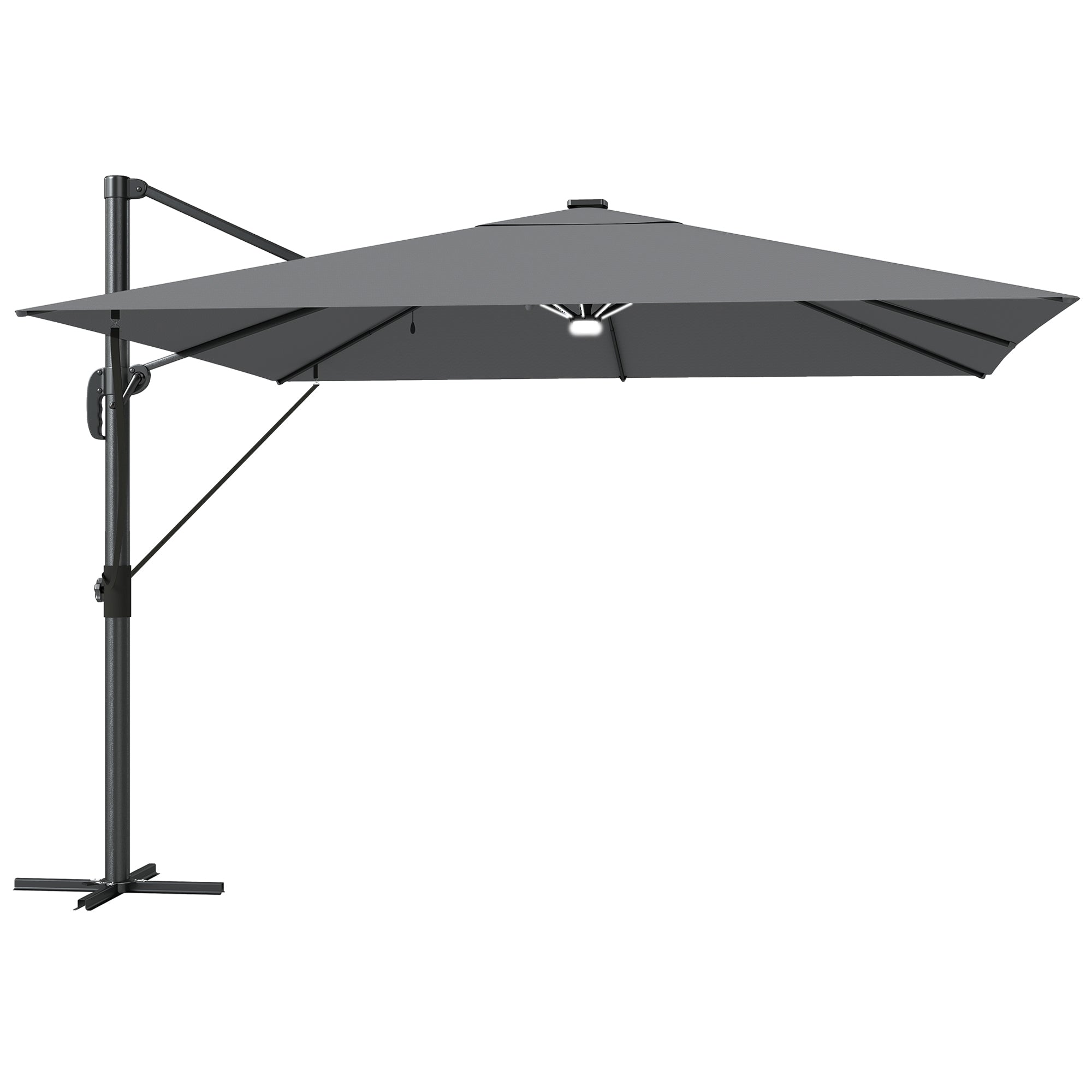 Outsunny 3 x 3 m Garden Cantilever Parasol with Light, Cover, Overhanging Umbrella w/ Wind Protection, 360 degrees Rotation, Light Grey