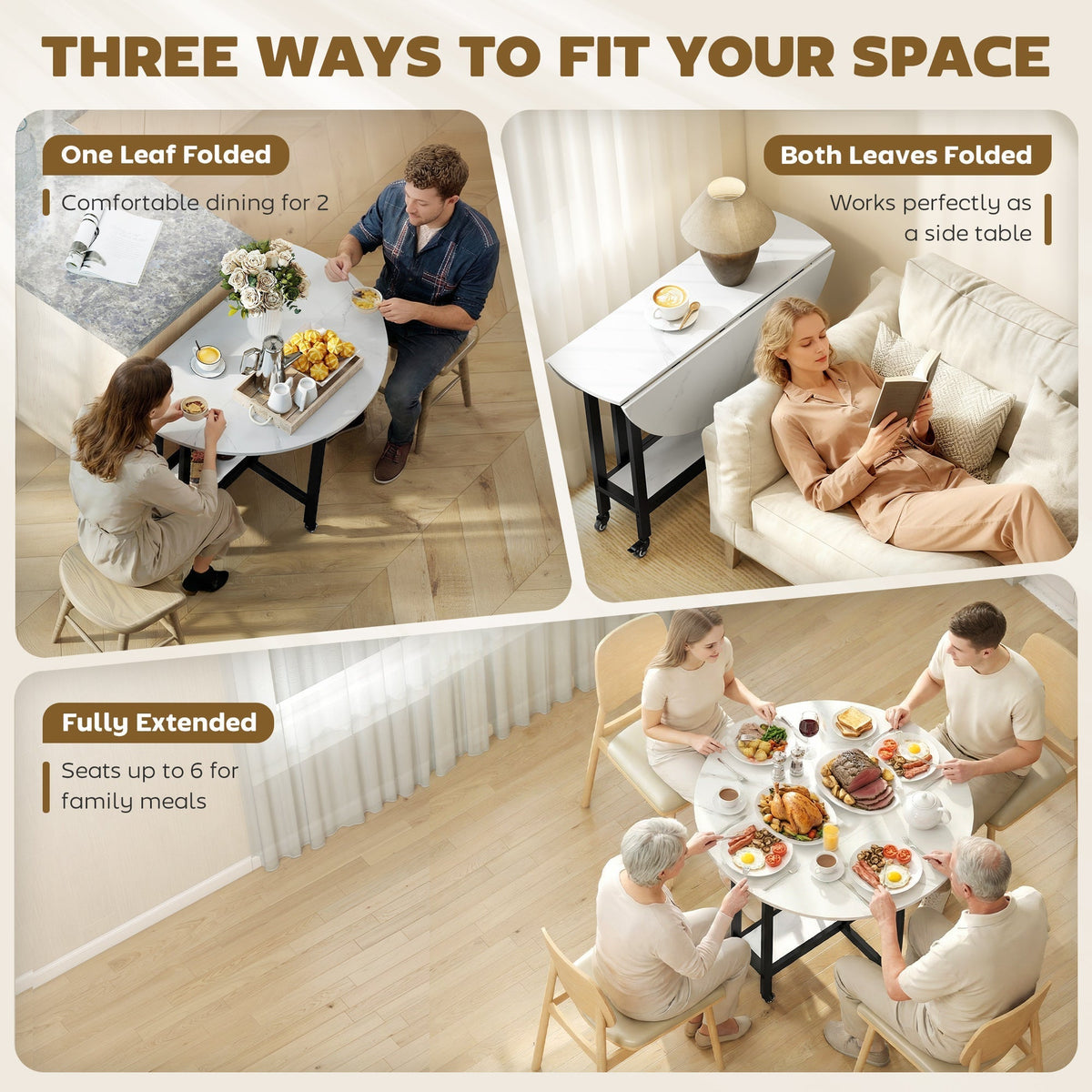 HOMCOM Folding Dining Table, Drop Leaf Table with Open Shelf, Rolling Kitchen Table for Dining Room, Small Spaces, White Marble