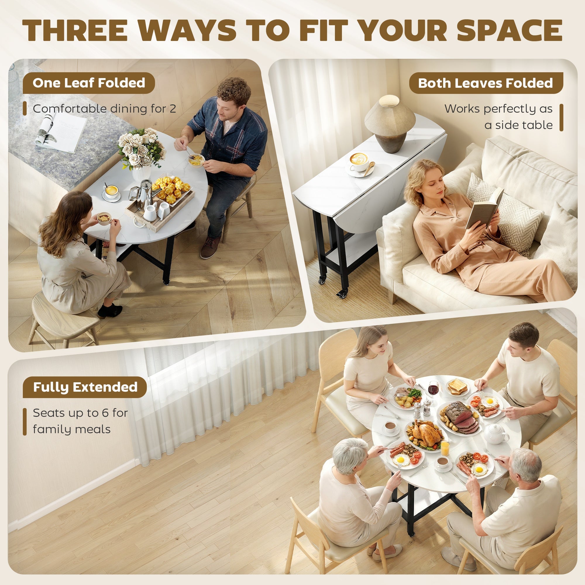 HOMCOM Folding Dining Table, Drop Leaf Table with Open Shelf, Rolling Kitchen Table for Dining Room, Small Spaces, White Marble