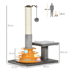 PawHut 56cm Cat Tree Tower Activity Centre, Climbing Stand Kitten House Furniture w/ Scratching Posts, Toy Ball - Grey