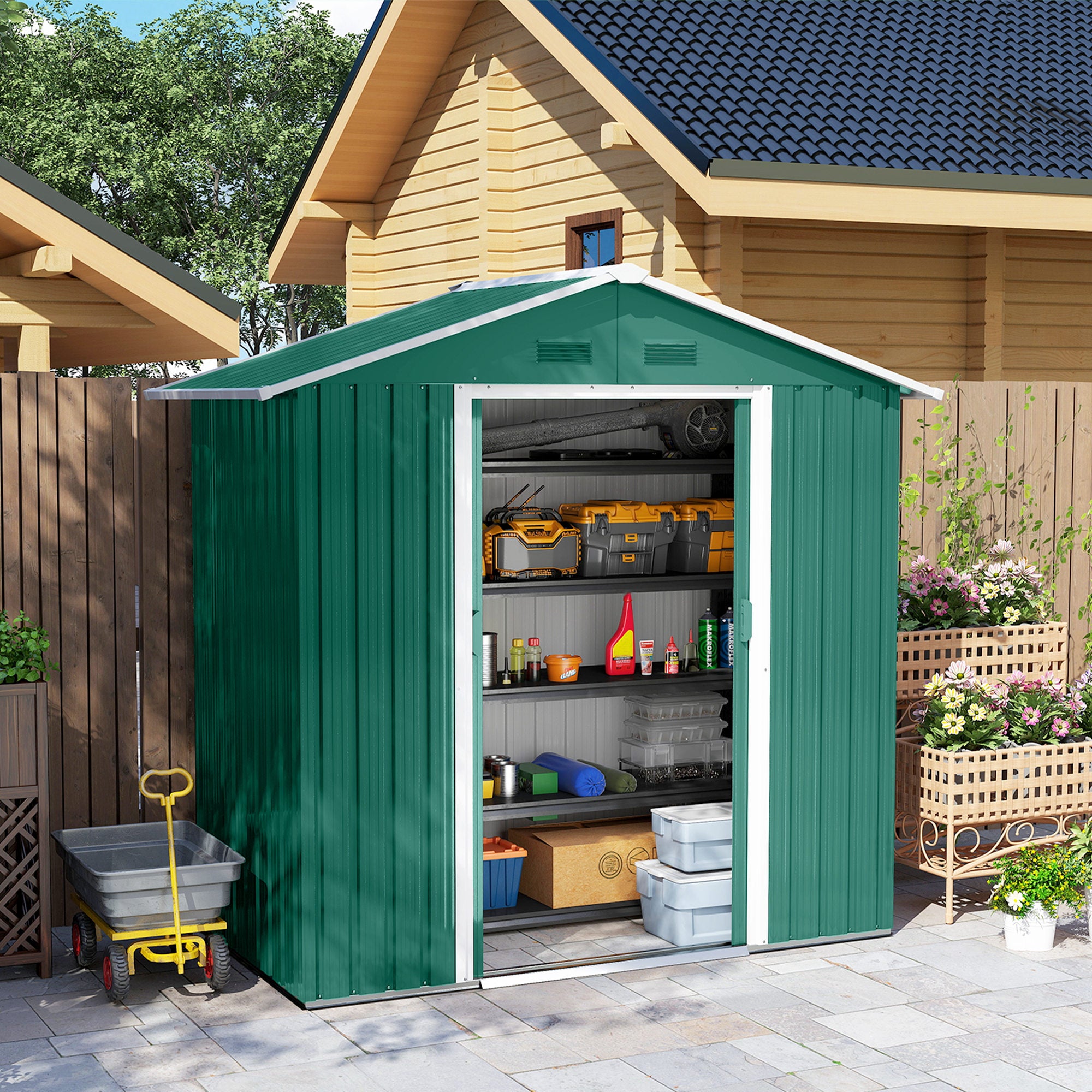 Outsunny 6.5ft x 3.5ft Metal Garden Storage Shed for Outdoor Tool Storage with Double Sliding Doors and 4 Vents, Green