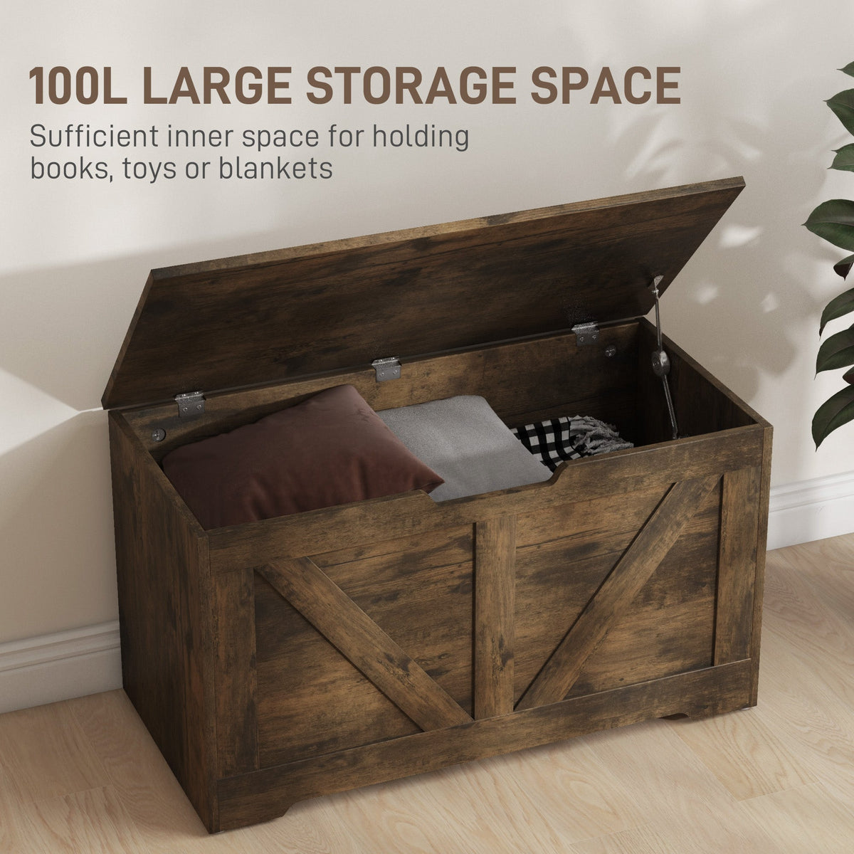 HOMCOM 100L Home Storage Box, with Safety Hinges - Rustic Brown