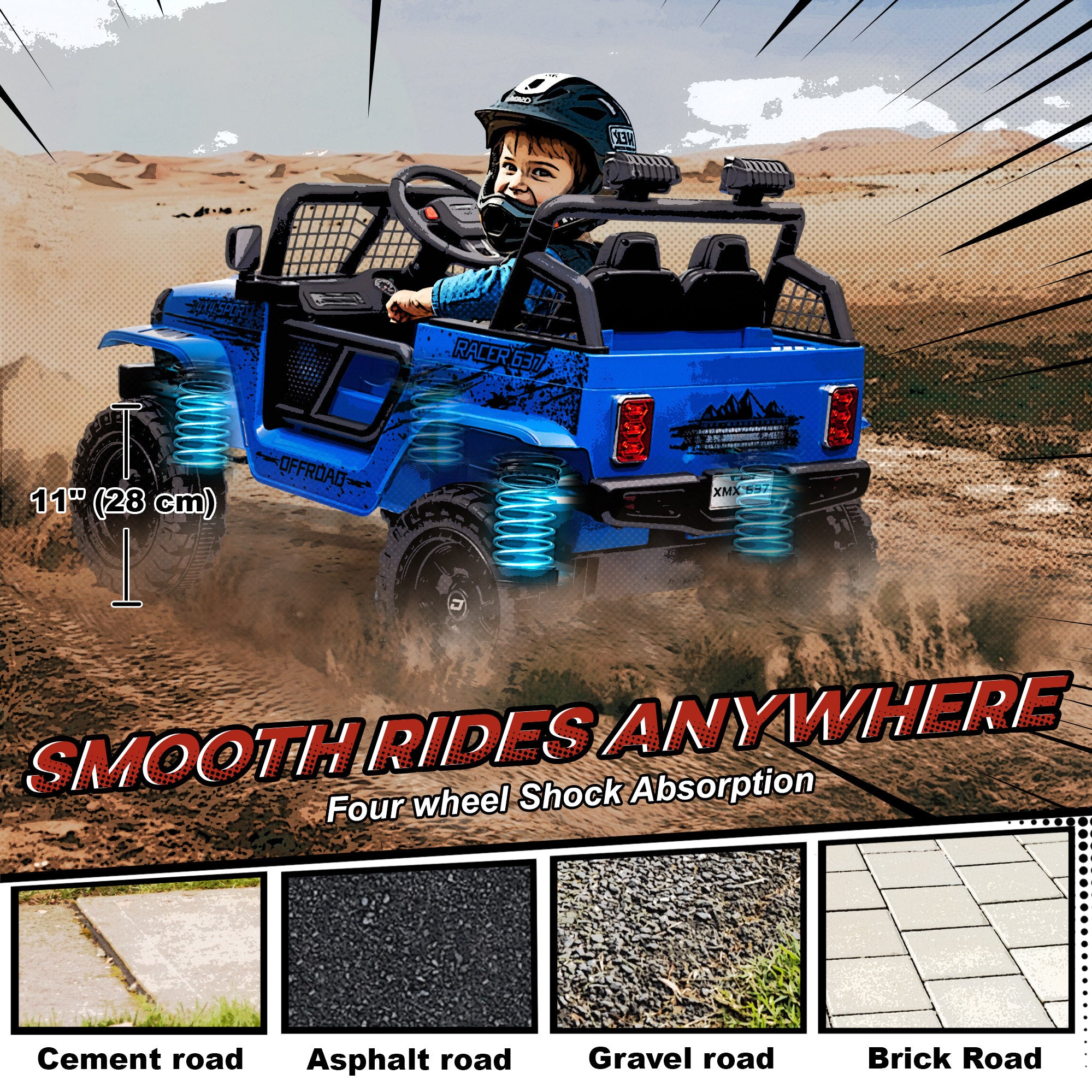 AIYAPLAY 12V Battery Powered Kids Ride-On Car, Electric Truck w/ Spring Suspension, Remote, Music, Horn, Lights, Blue