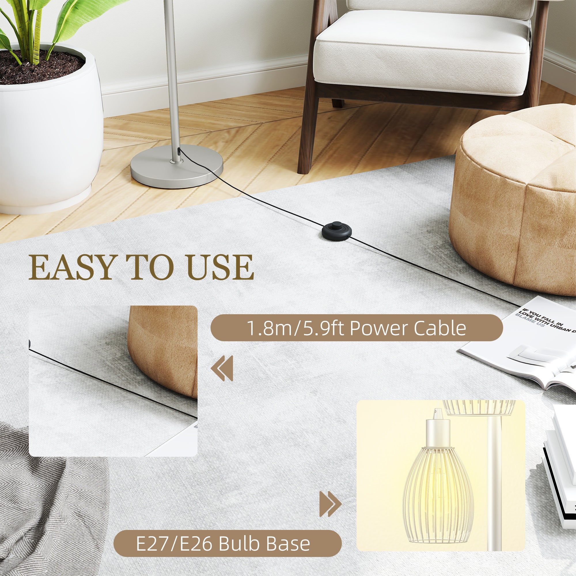 HOMCOM 3-Light Floor Lamp, 170cm Industrial Dimmable Standing Lamp with Steel Wire Cage Lampshades for Living Room, Bedroom, Dining Room, Study, Silver Tone