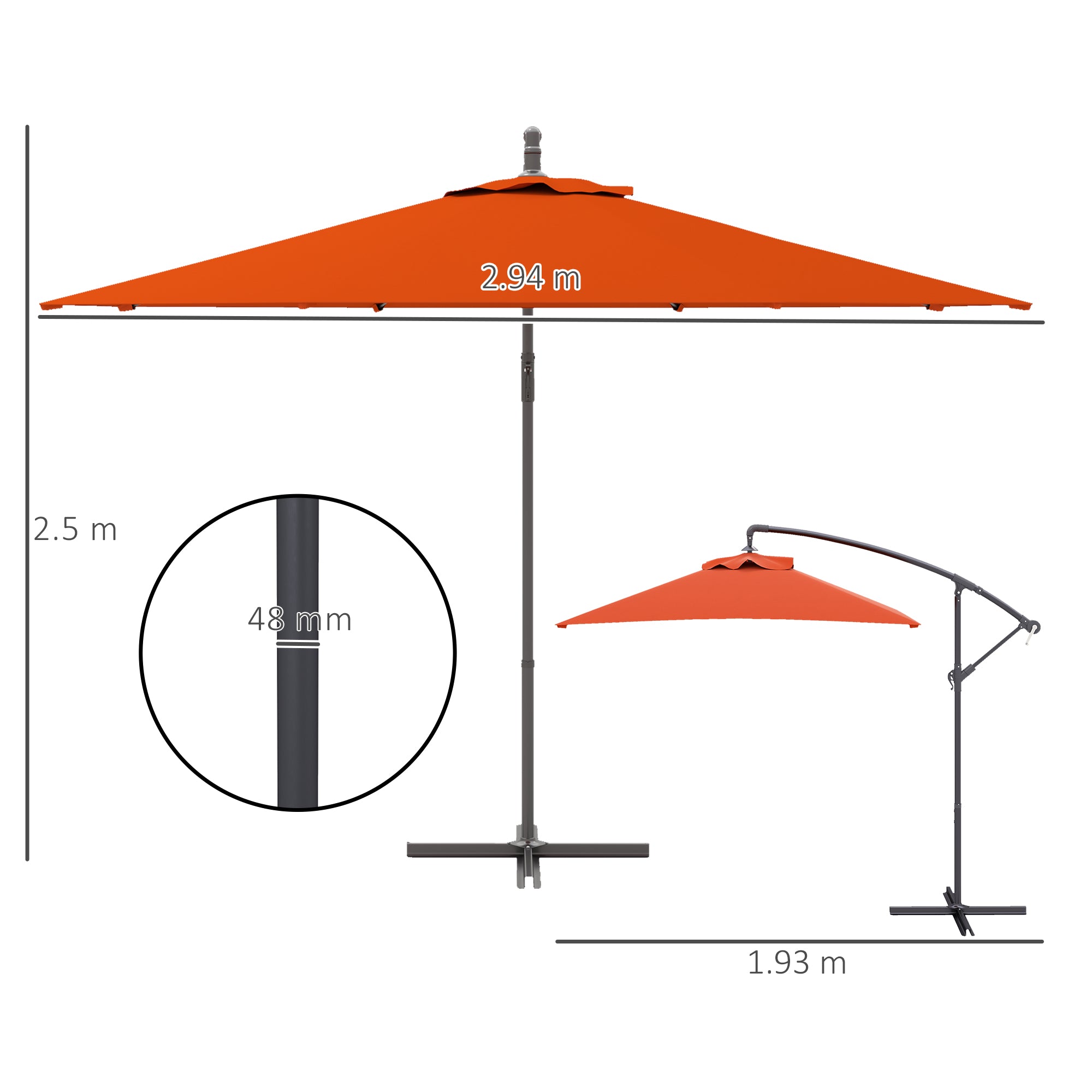 Outsunny 3(m) Cantilever Overhanging Parasol, with Cross Base - Orange