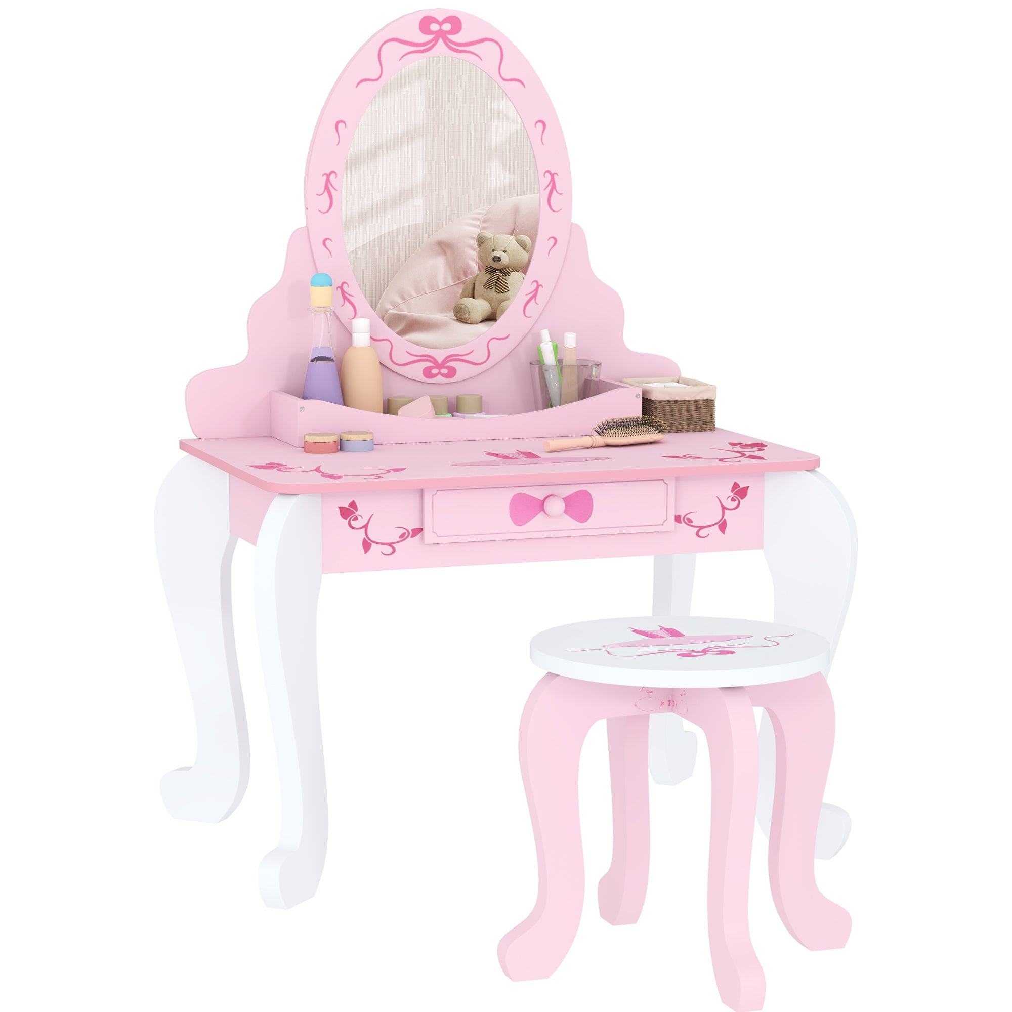 AIYAPLAY Kids Dressing Table Set, Vanity Table with Stool, Mirror, Drawer, Desktop, Storage, Ballet-Theme, Pink