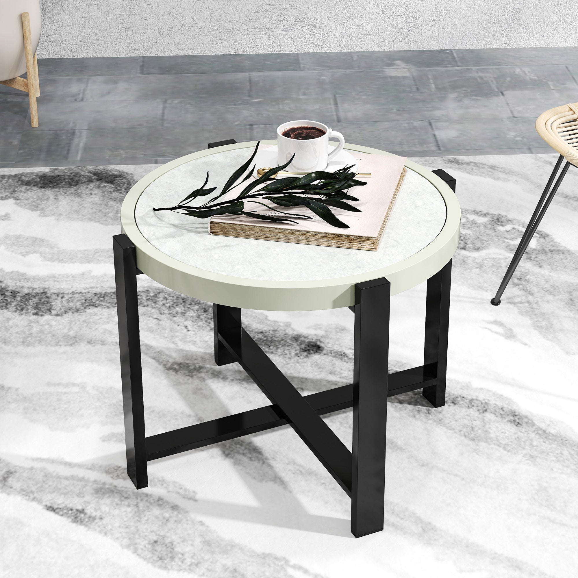 Outsunny Round Small Garden Table, 60cm Outdoor Side Table with Faux Marble Tempered Glass Top, Aluminium Frame for Garden, Patio, Balcony, Light Grey