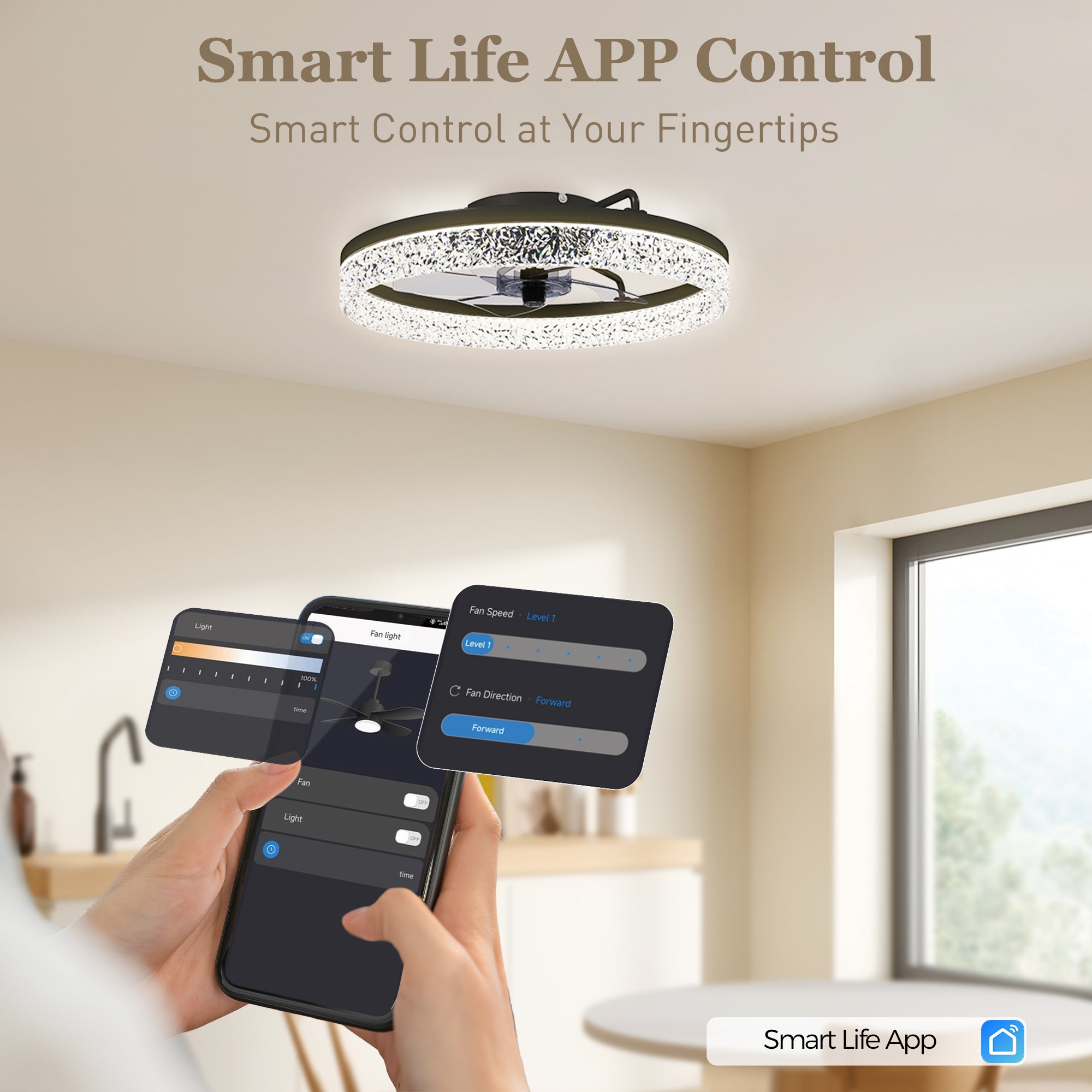 HOMCOM Ceiling Fan with Lights, Dimmable LED Mount Ceiling Fan Light with Remote App Control for Bedroom, Black