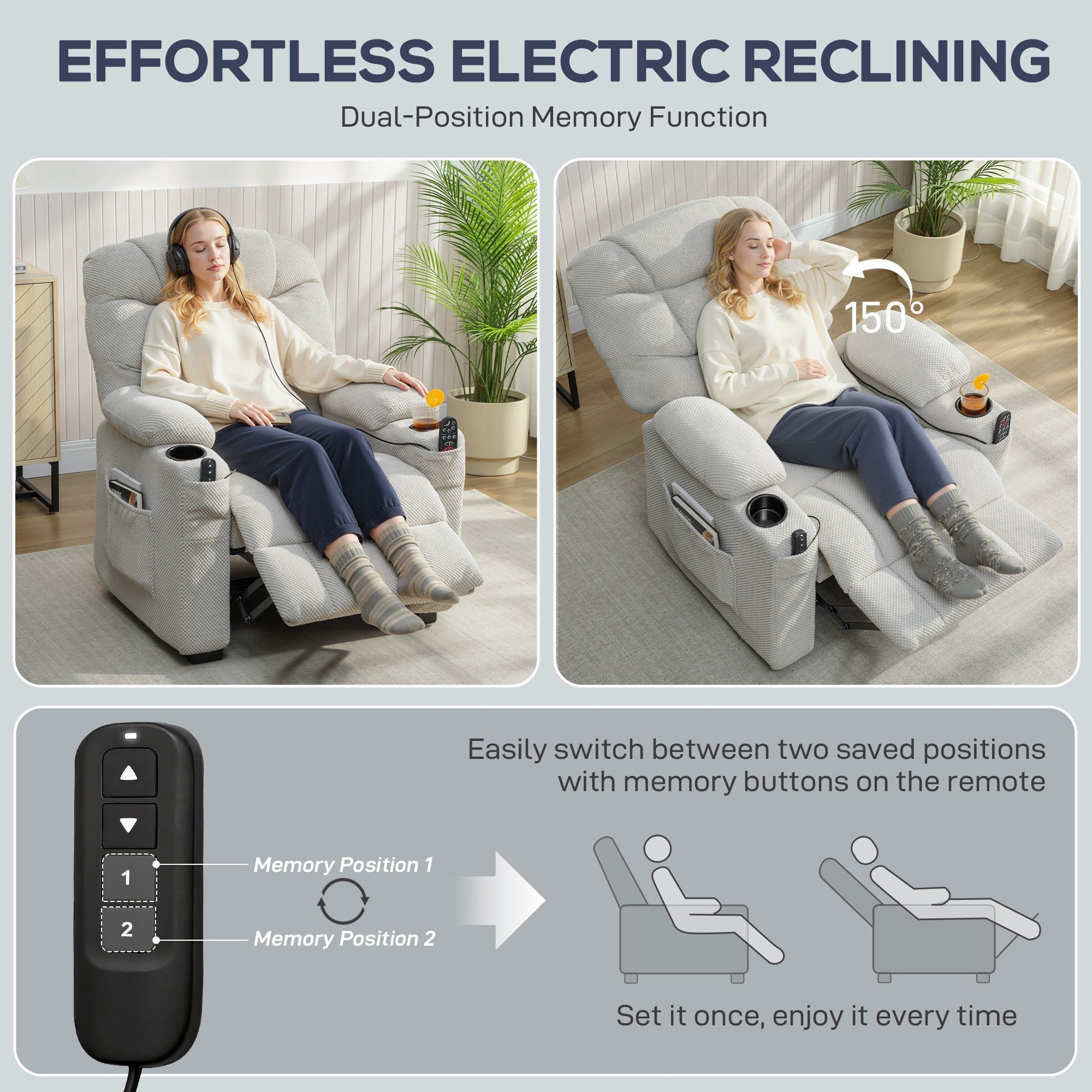 HOMCOM Electric Massage Recliner Armchair with Vibration, Heat, Whisper-Quiet Motor, Memory Function, Fleece Power Reclining Chair with Spring Pack, USB Port, Footrest, Side Pocket, Cup Holders, Grey