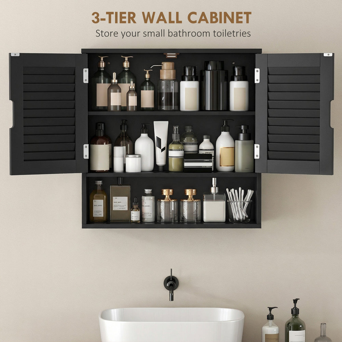HOMCOM Bathroom Cabinet, Wall Mounted Storage Cabinet with Adjustable Shelves, 60 x 20 x 60 cm, Black
