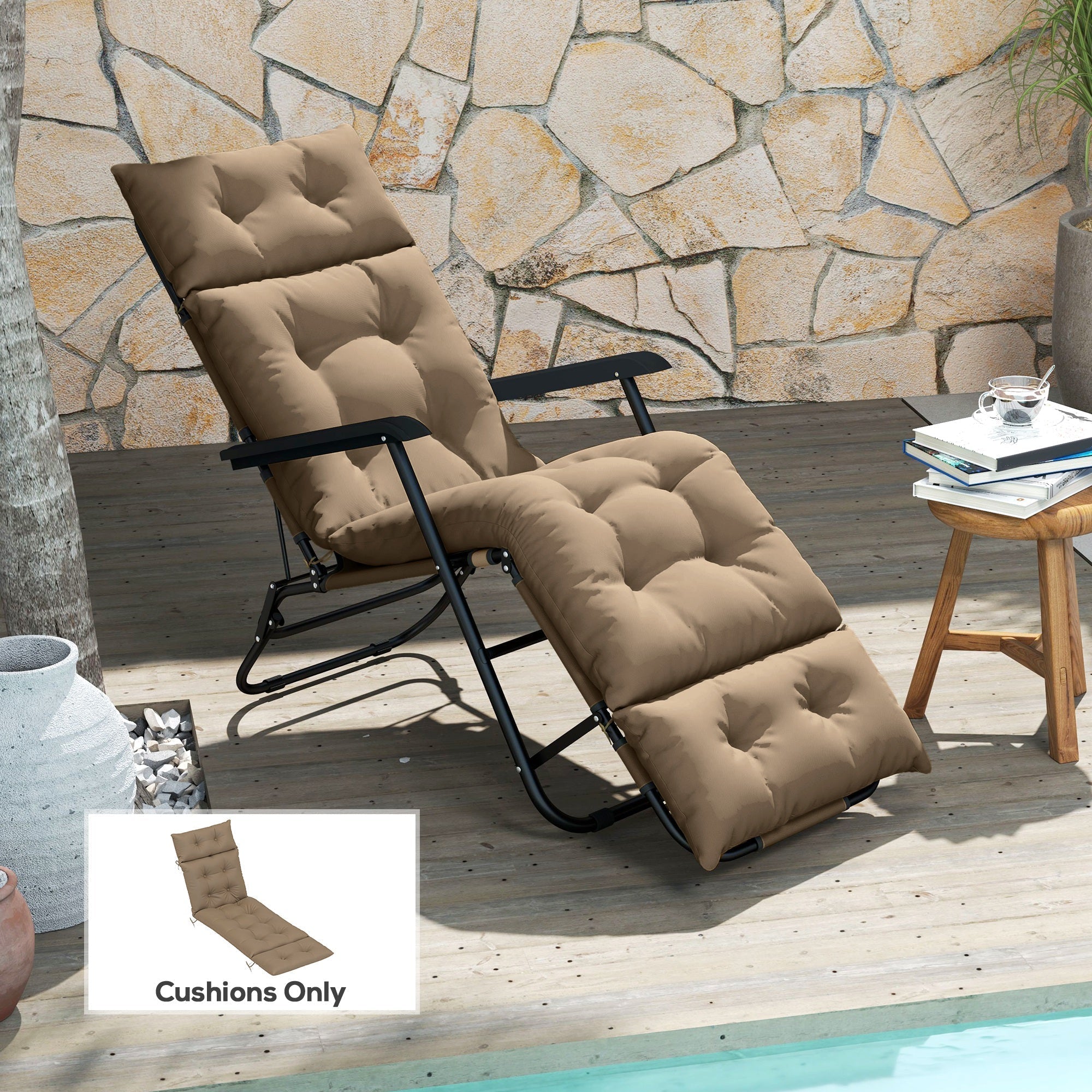 Outsunny Sun Lounger Cushions Only, 190x56x10cm Garden Lounge Chair Cushions, UPF20+ 220gsm Fabric, Thick Sunbed Replacement Pads with 6 Ties, Khaki