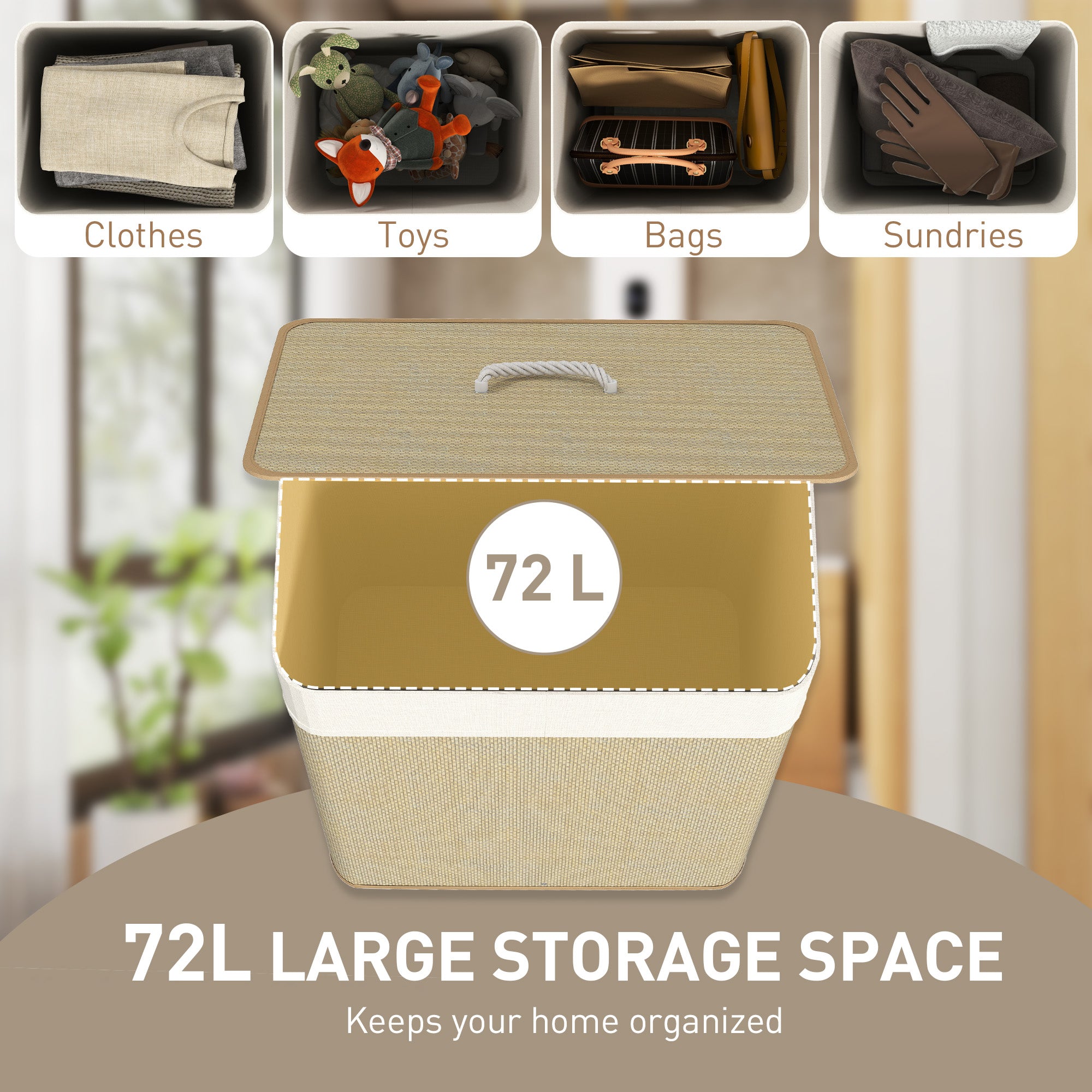 HOMCOM Bamboo Laundry Basket with Lid, 72L Laundry Hamper with Rope Handles, Washing Basket with Removable Washable Liner Bag for Bathroom, Bedroom, Nature Wood Finish