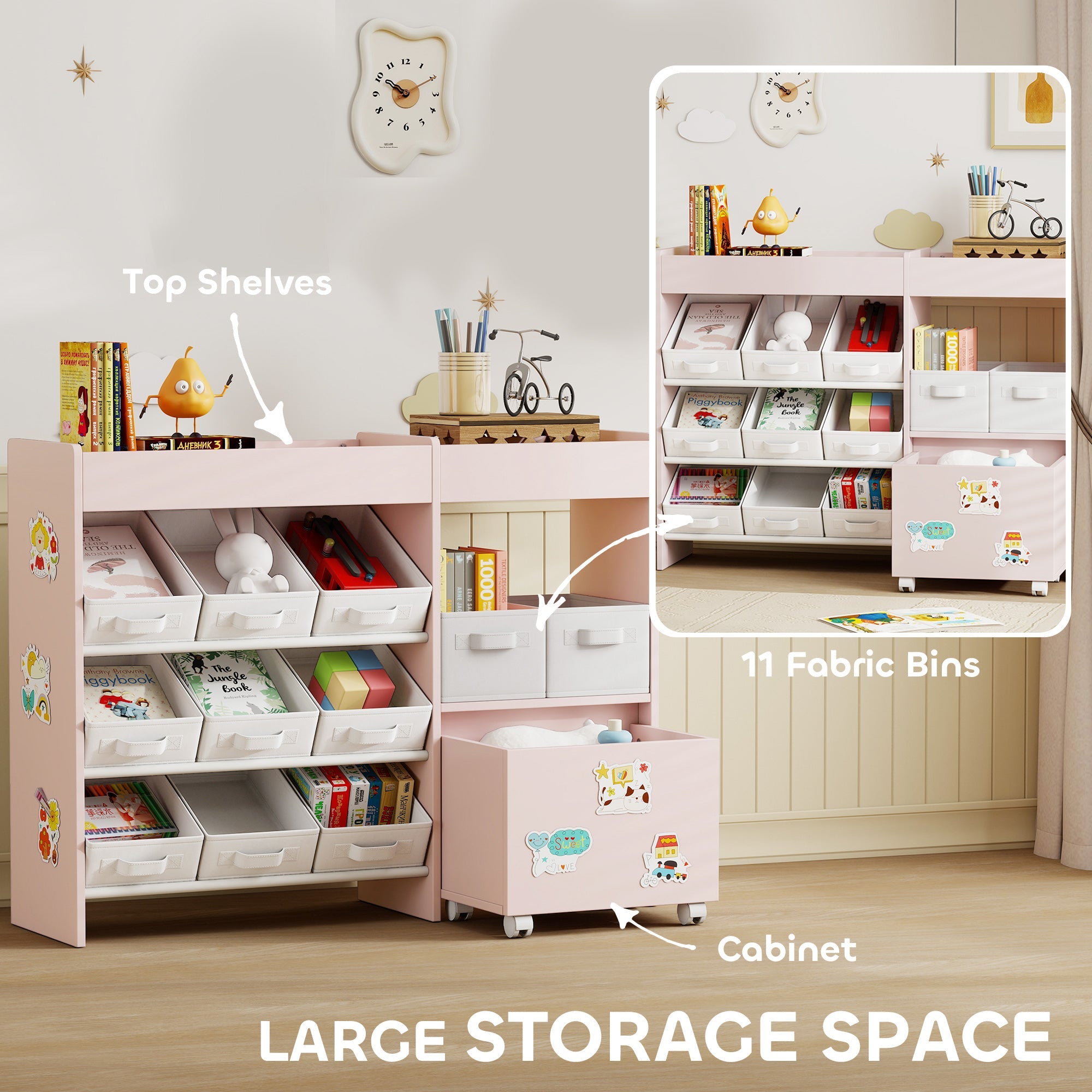 AIYAPLAY Kids Toy Storage Unit with 11 Bins, Cabinet, Top Shelves, 3 Stickers, for Nursery, Playroom, Pink