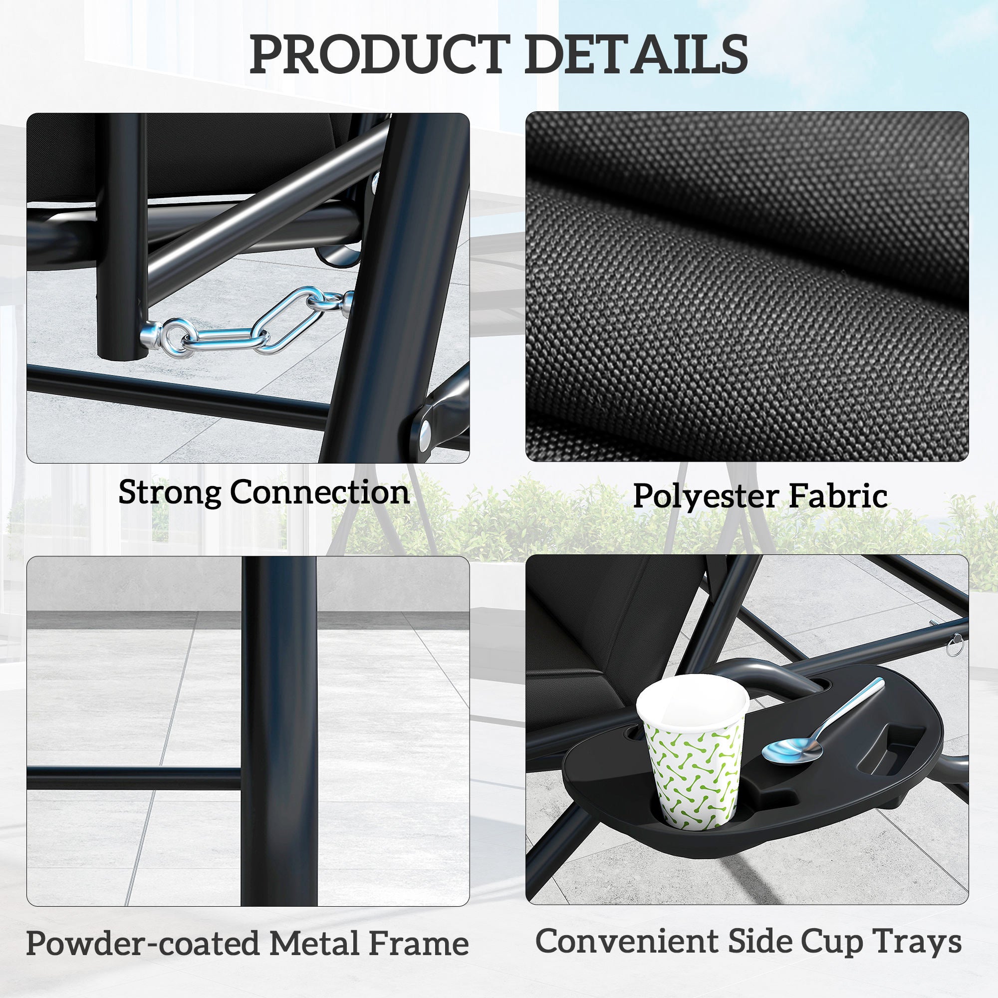 Outsunny Convertible Three-Seater Swing Bench Bed - Black