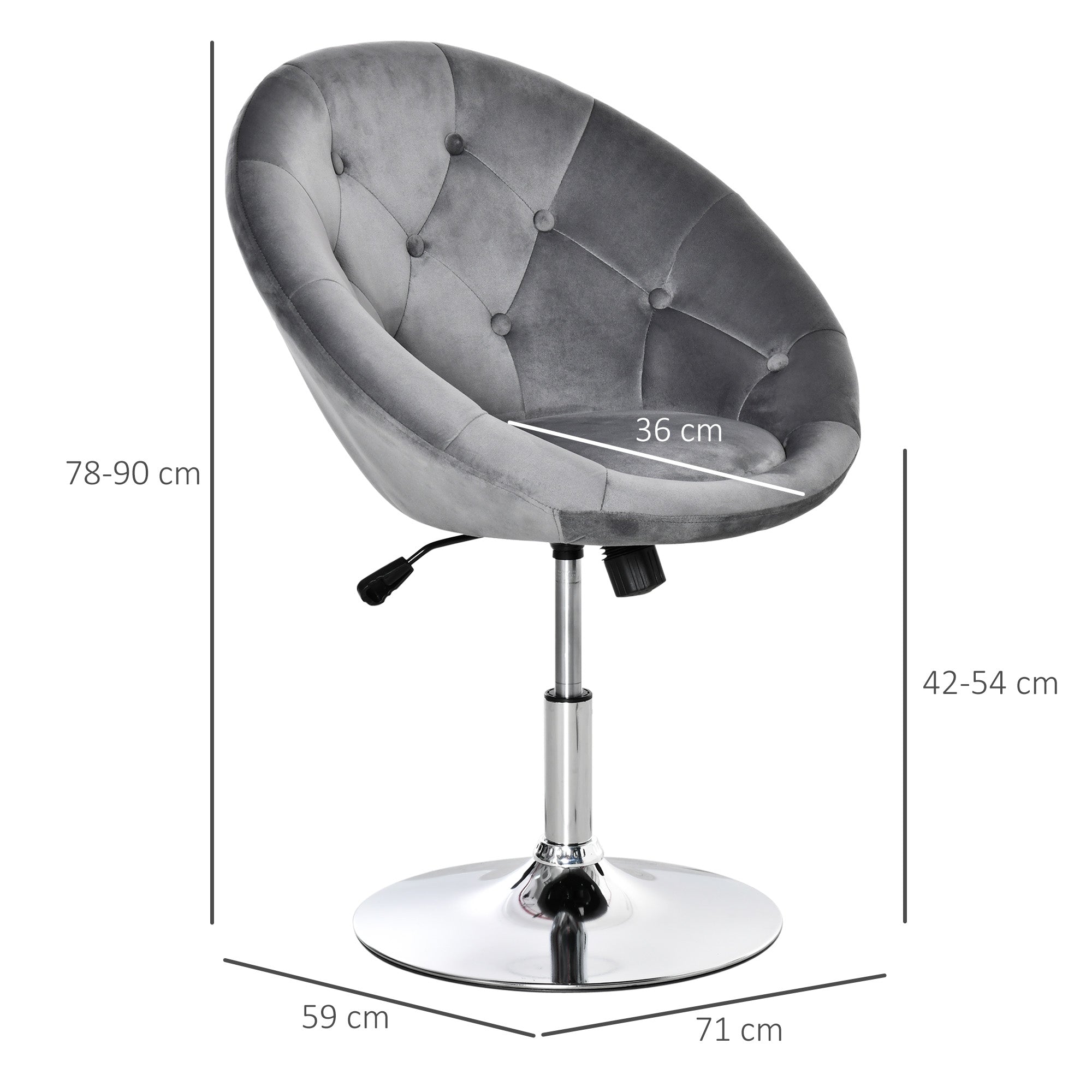 HOMCOM Swivel Dressing Stool, Velvet-feel Upholstered Vanity Chair, Adjustable Height Tub Makeup Chair with Button Tufting and Thick Padding for Bedroom, Grey