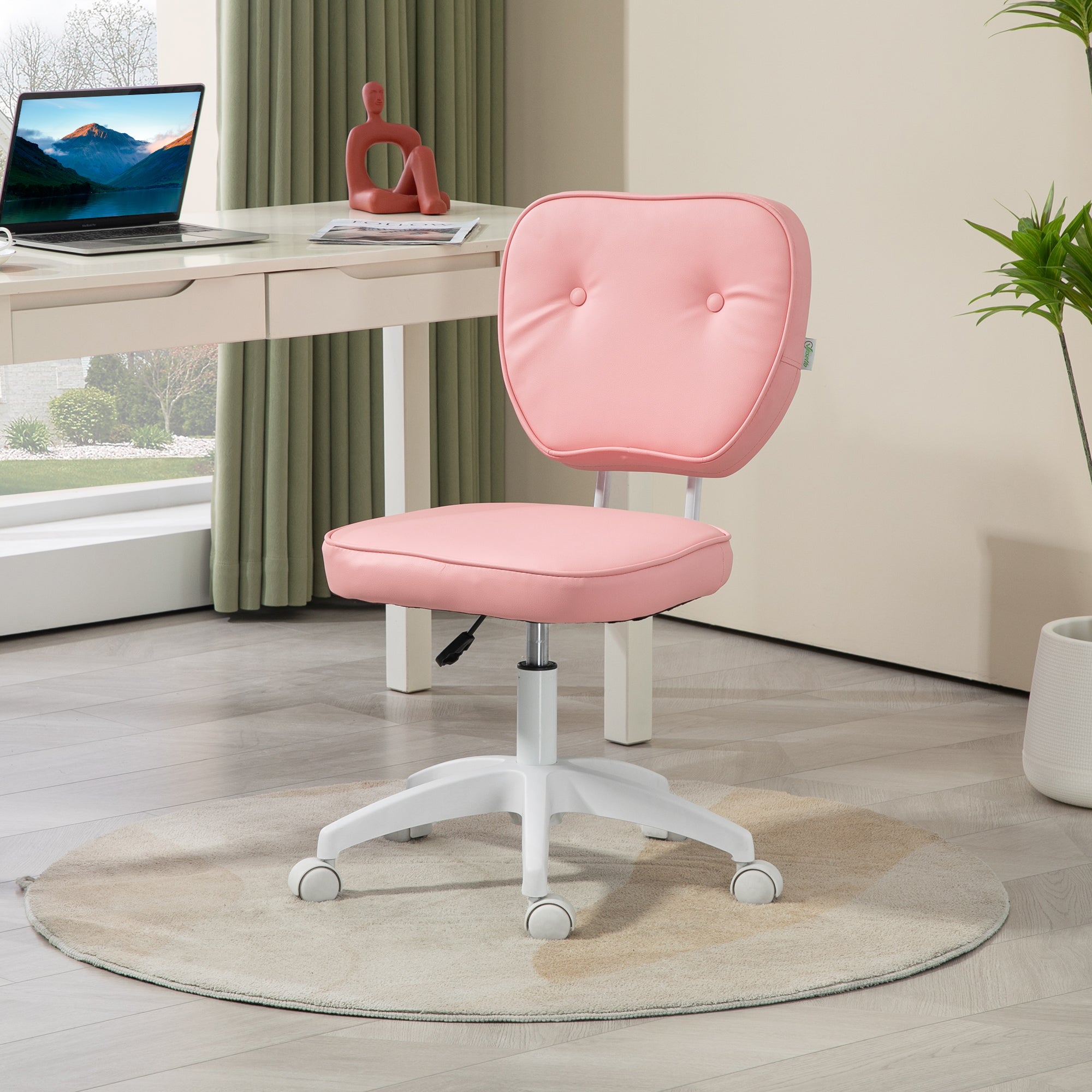 Vinsetto Vanity Office Chair, PU Leather Computer Chair for Home, with Adjustable Height, Armless, Swivel Wheels, Pink