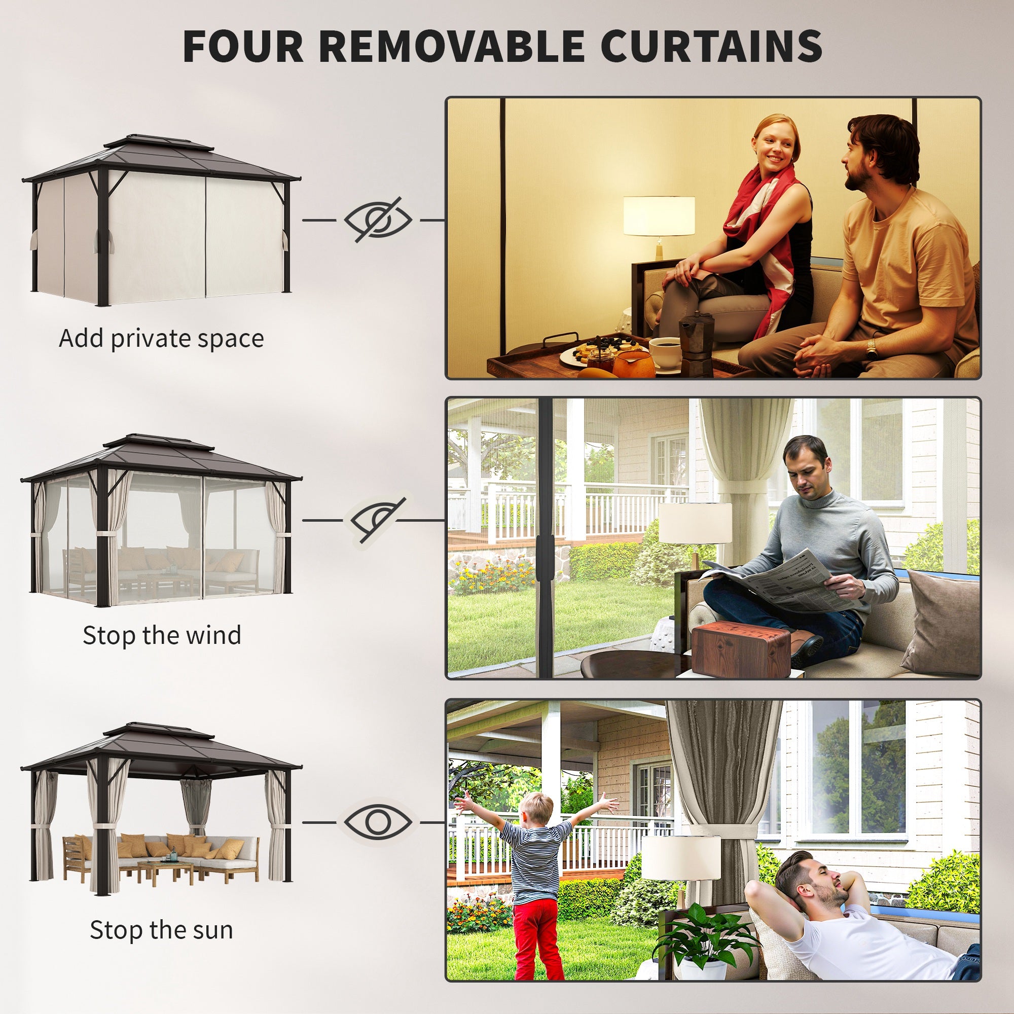 Outsunny 3 x 4m Hardtop Gazebo Canopy with UPF30+ Double Polycarbonate Roof, Aluminium Frame Garden Gazebo Permanent Pavilion with Mosquito Netting and Curtains for Patio, Deck, Beige