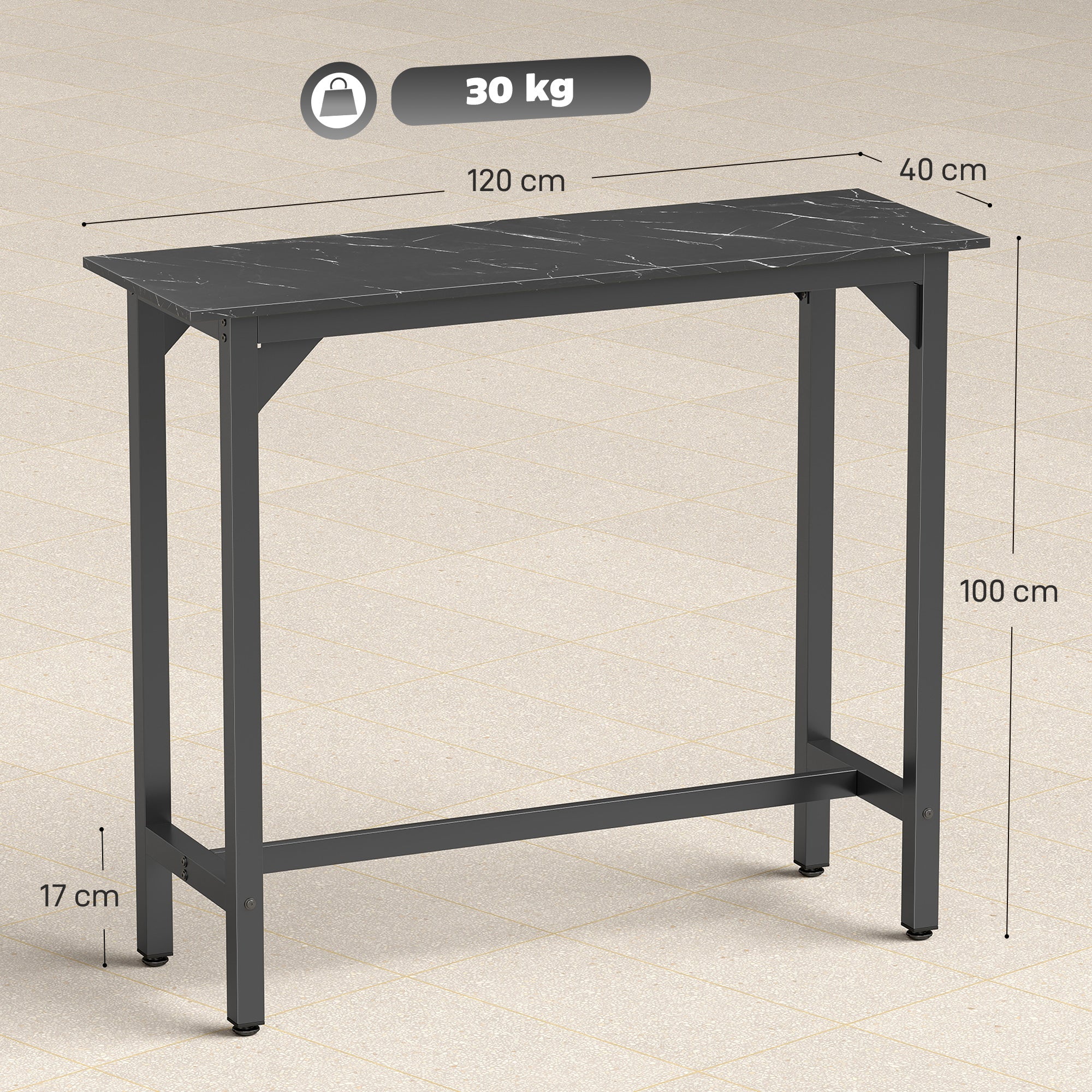 HOMCOM Rectangular Bar Table, Marble Effect Pub Coffee Table for Small Space, Breakfast Dining, Black Marble Effect