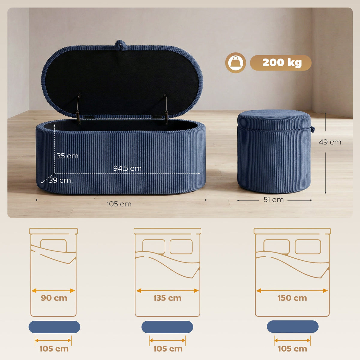 HOMCOM Storage Ottoman, Corduroy Upholstered Ottoman Storage Box with Padded Seat, 105 x 51 x 49 cm, Blue